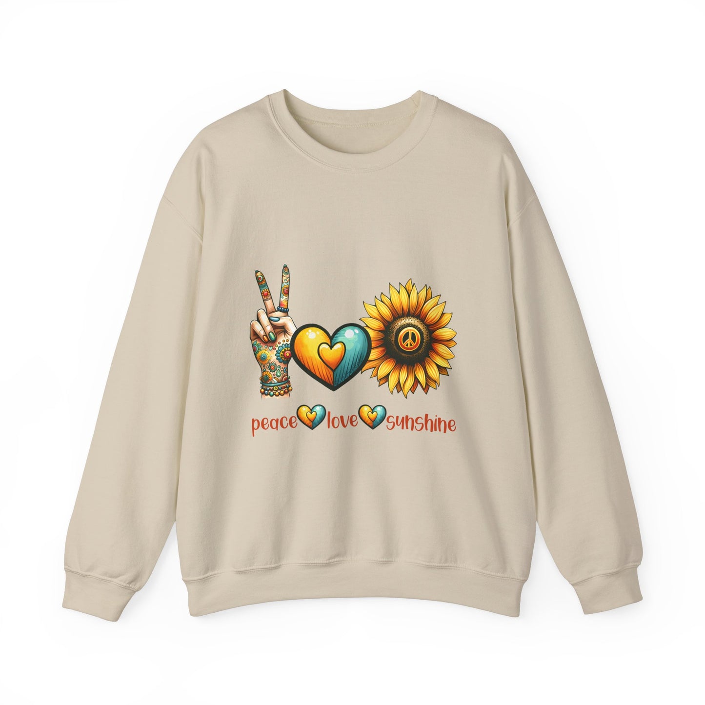 Peace Love Sunshine Sweatshirt, Unisex Crewneck, Boho Style, Gift for Her, Summer Vibes, Festival Wear, Eco-Friendly Sweatshirt