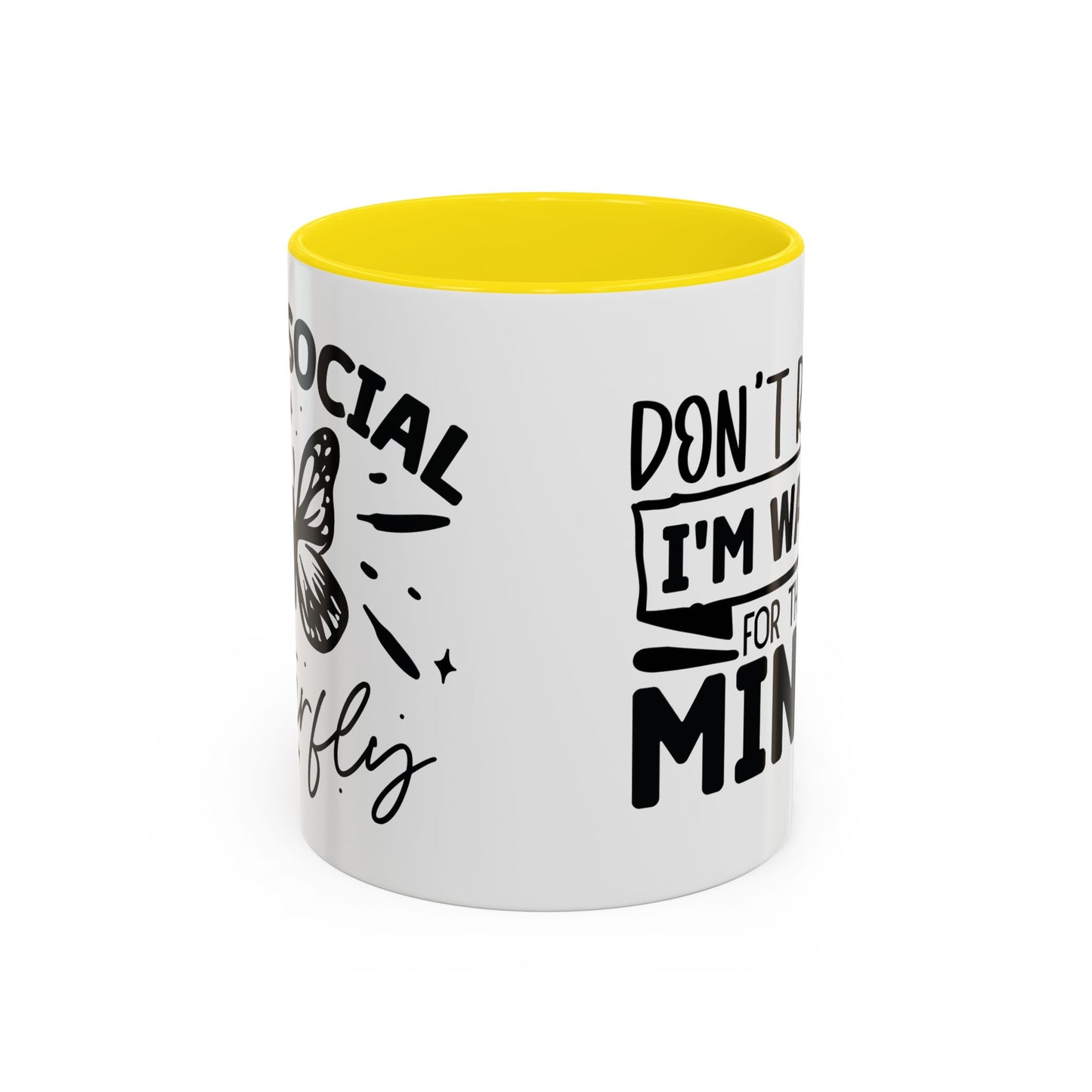 Coffee Mug, Funny Mug with Anti Social Butterfly and Don't Rush Me Designs, Office Mug, White Mug with Colorful Handle, Cute Mug, Unique