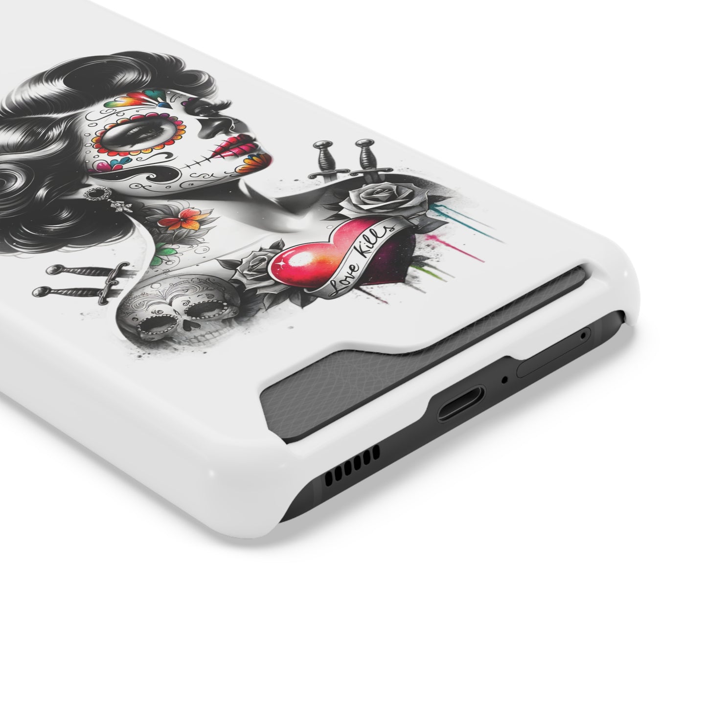 Phone Case - Love Kills Day of the Dead Face Paint Girl with Tattoos and Knives Hearts