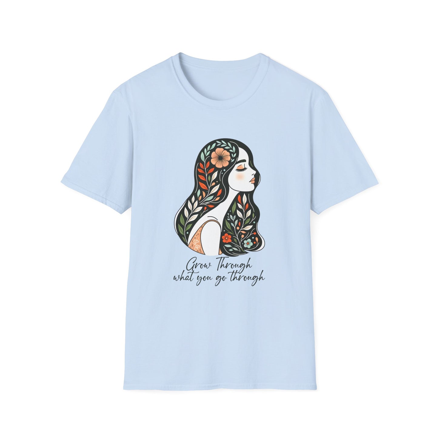 Grow Through Inspirational Unisex Softstyle T-Shirt, Motivational Tee, Self-Care Shirt, Gift for Women, Mindfulness Apparel