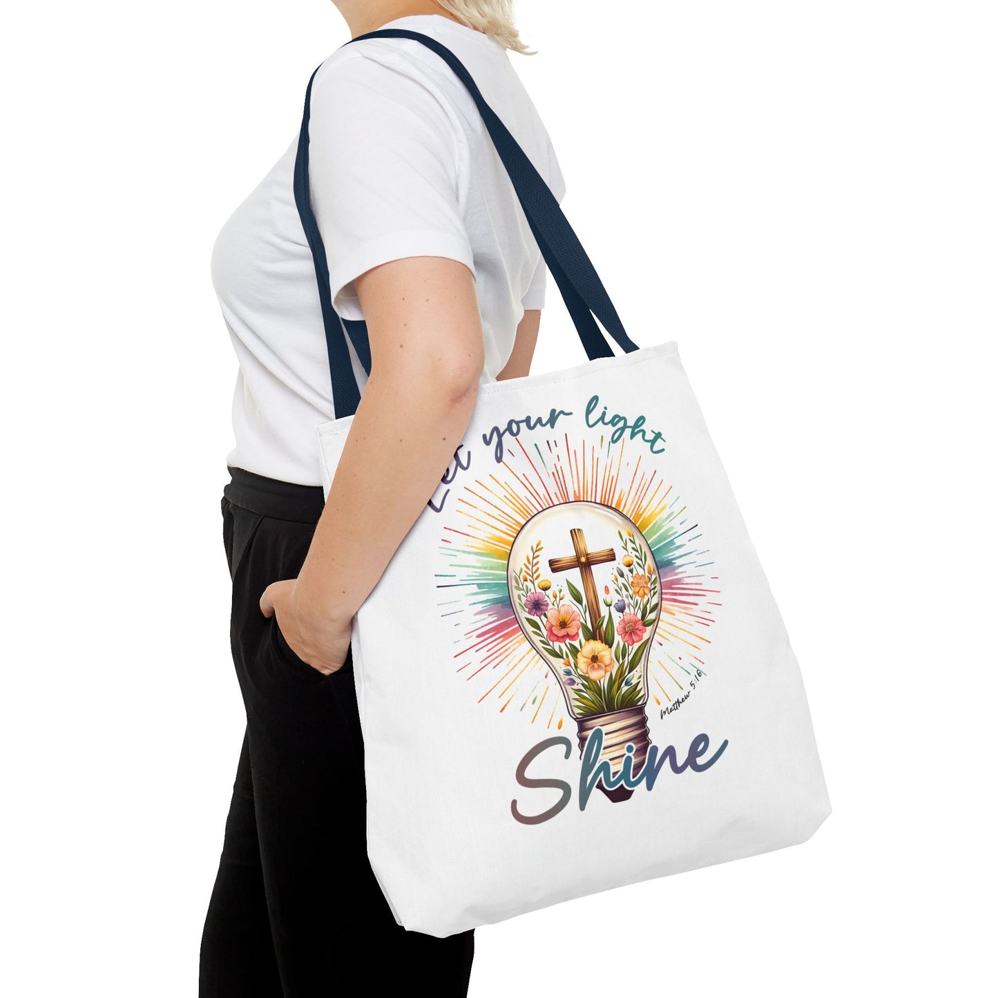 Inspirational Christian Tote Bag - Let Your Light Shine, Floral Design, Gift for Church, Bible Study, Mother's Day, Faith