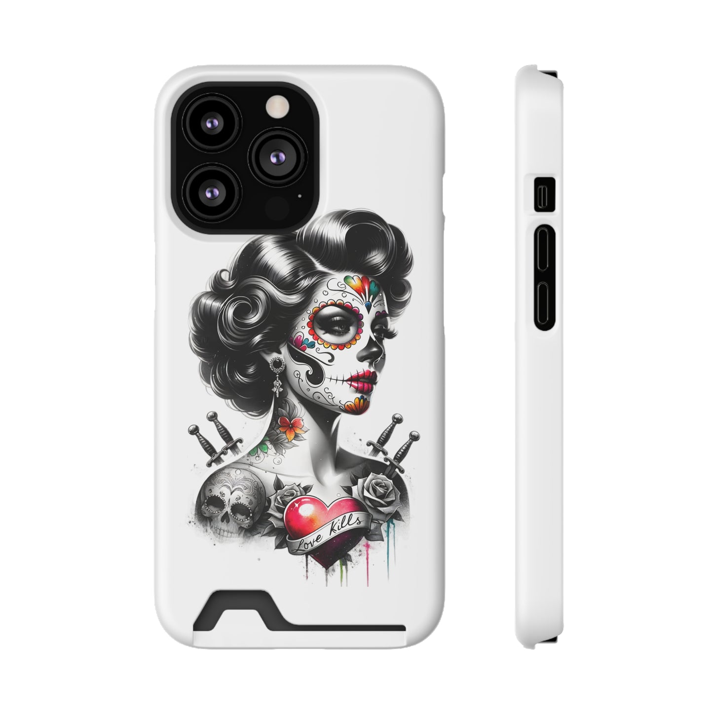 Phone Case - Love Kills Day of the Dead Face Paint Girl with Tattoos and Knives Hearts