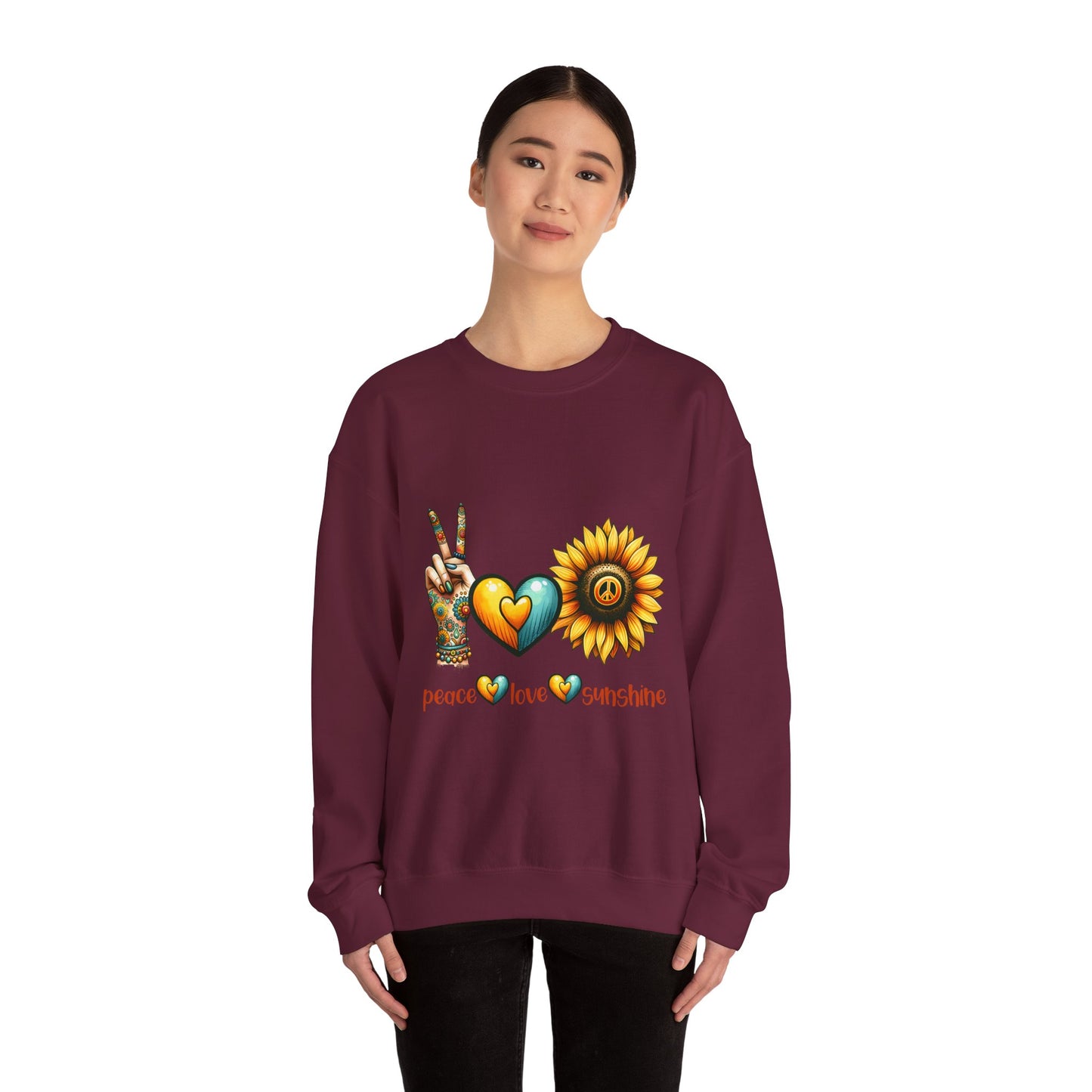 Peace Love Sunshine Sweatshirt, Unisex Crewneck, Boho Style, Gift for Her, Summer Vibes, Festival Wear, Eco-Friendly Sweatshirt