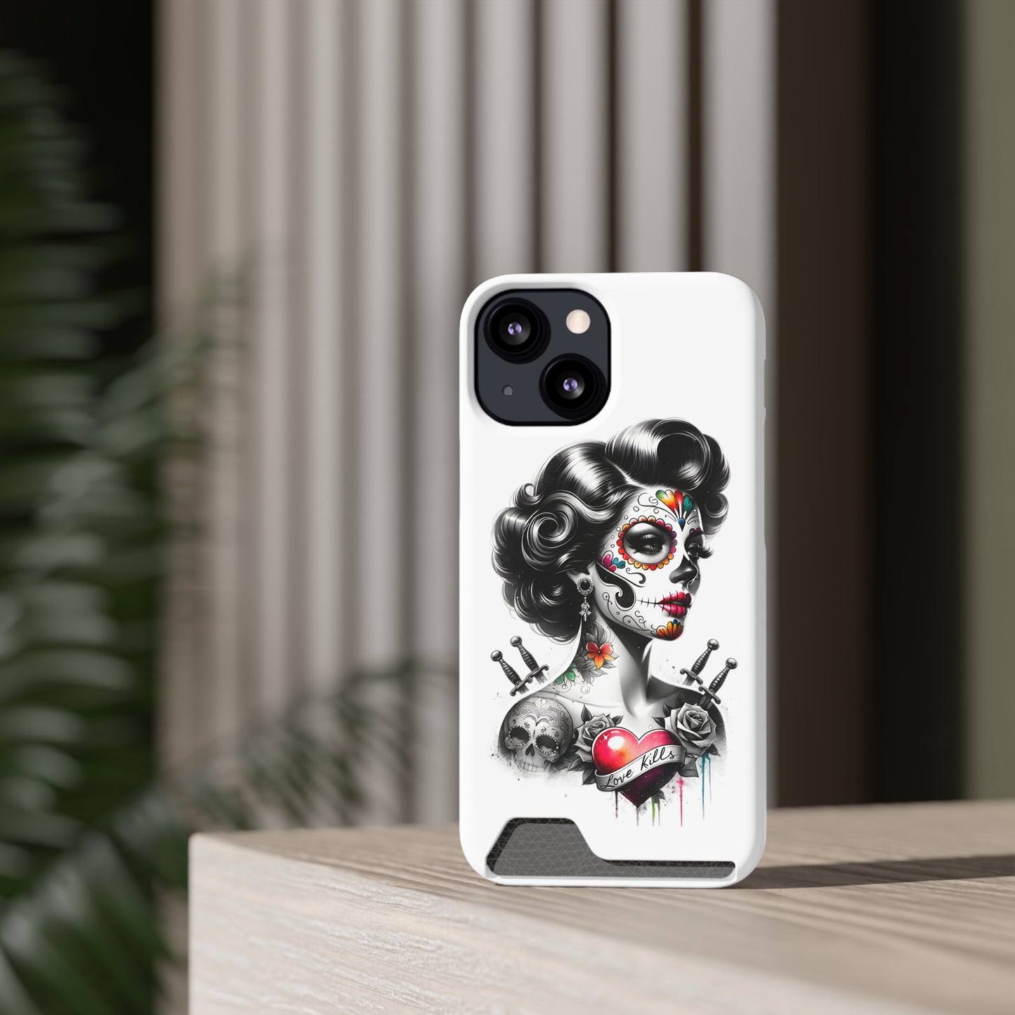 Phone Case - Love Kills Day of the Dead Face Paint Girl with Tattoos and Knives Hearts