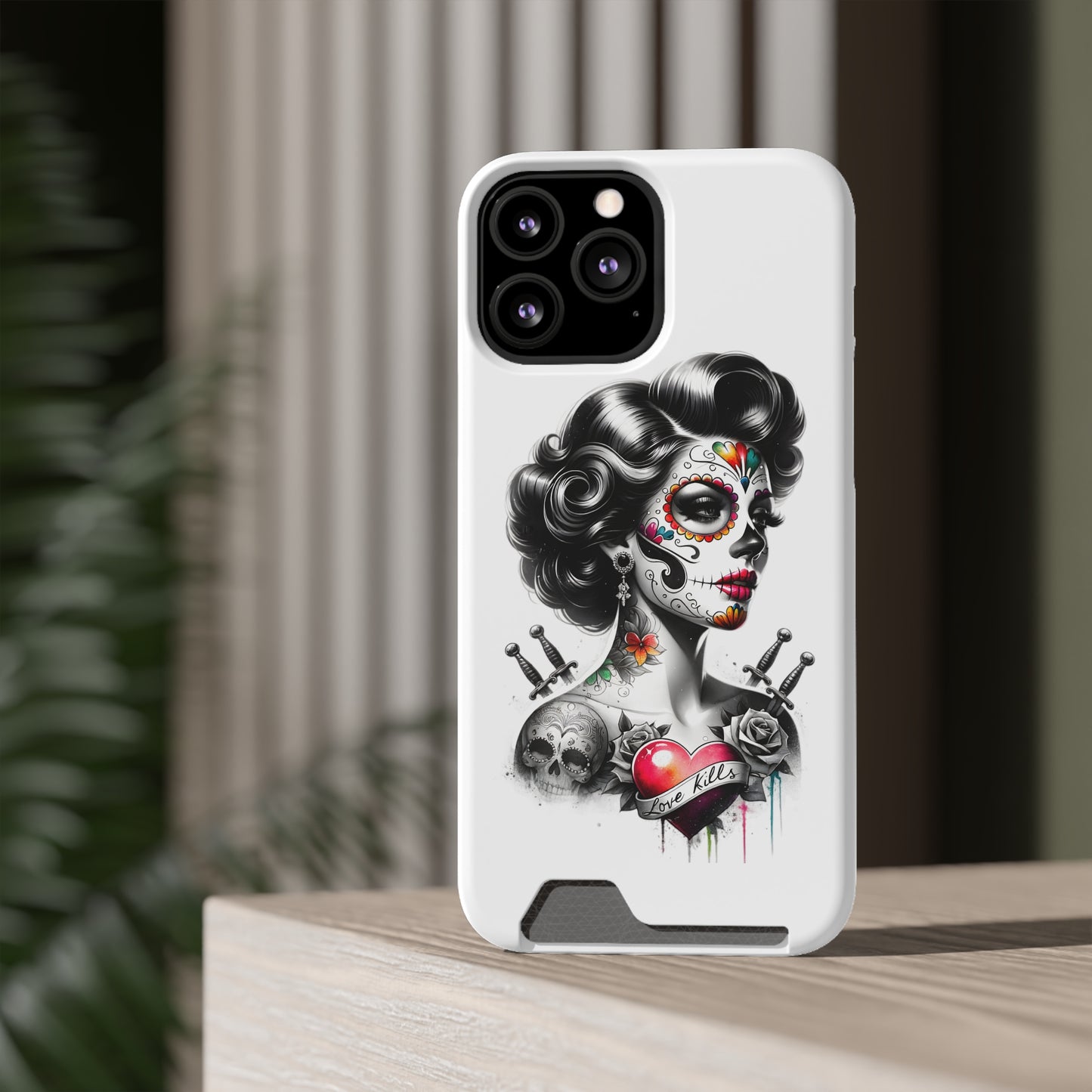 Phone Case - Love Kills Day of the Dead Face Paint Girl with Tattoos and Knives Hearts