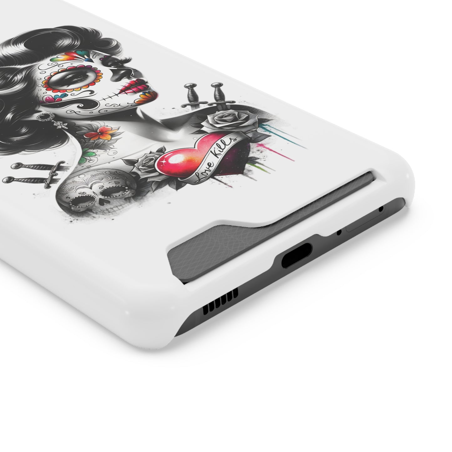 Phone Case - Love Kills Day of the Dead Face Paint Girl with Tattoos and Knives Hearts