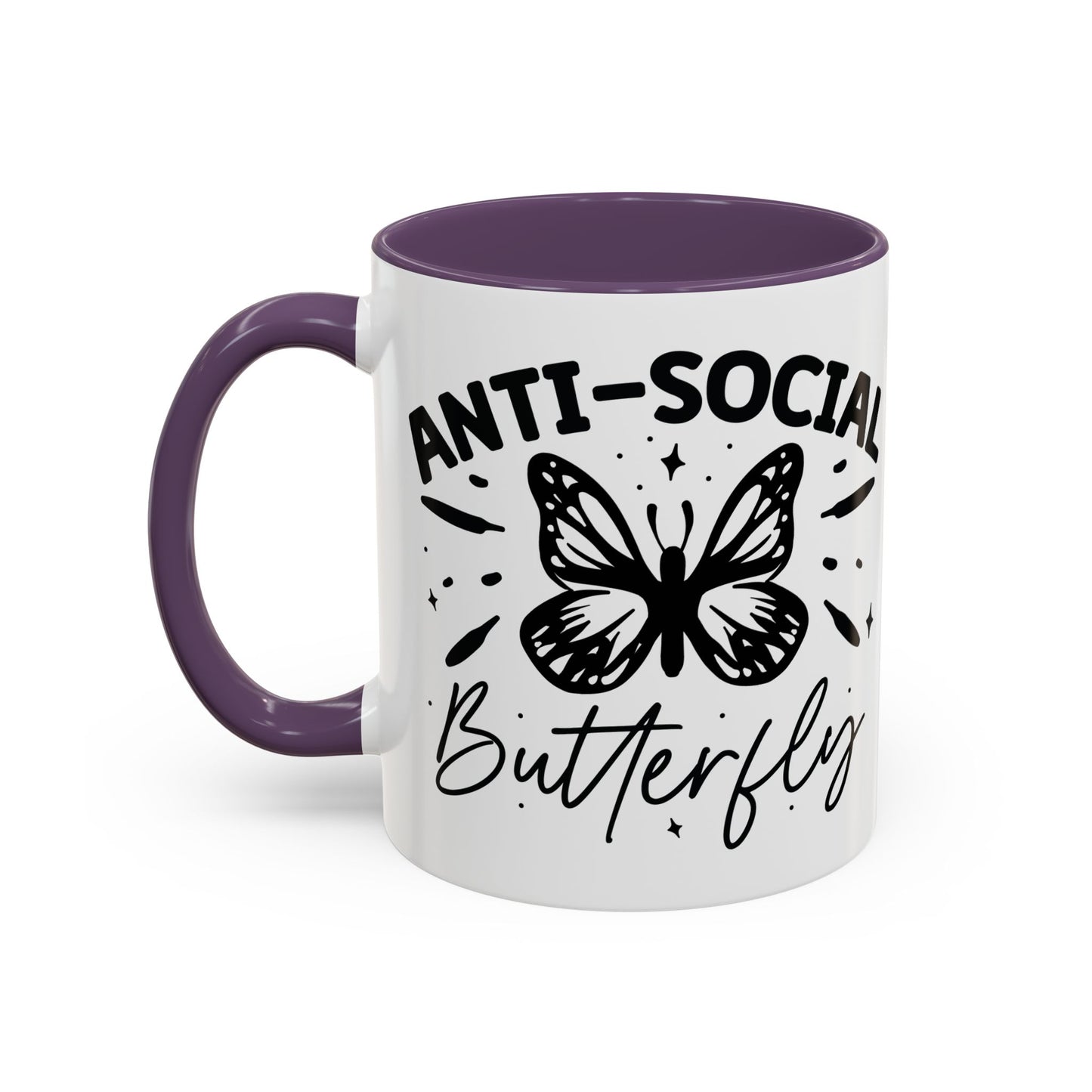 Coffee Mug, Funny Mug with Anti Social Butterfly and Don't Rush Me Designs, Office Mug, White Mug with Colorful Handle, Cute Mug, Unique