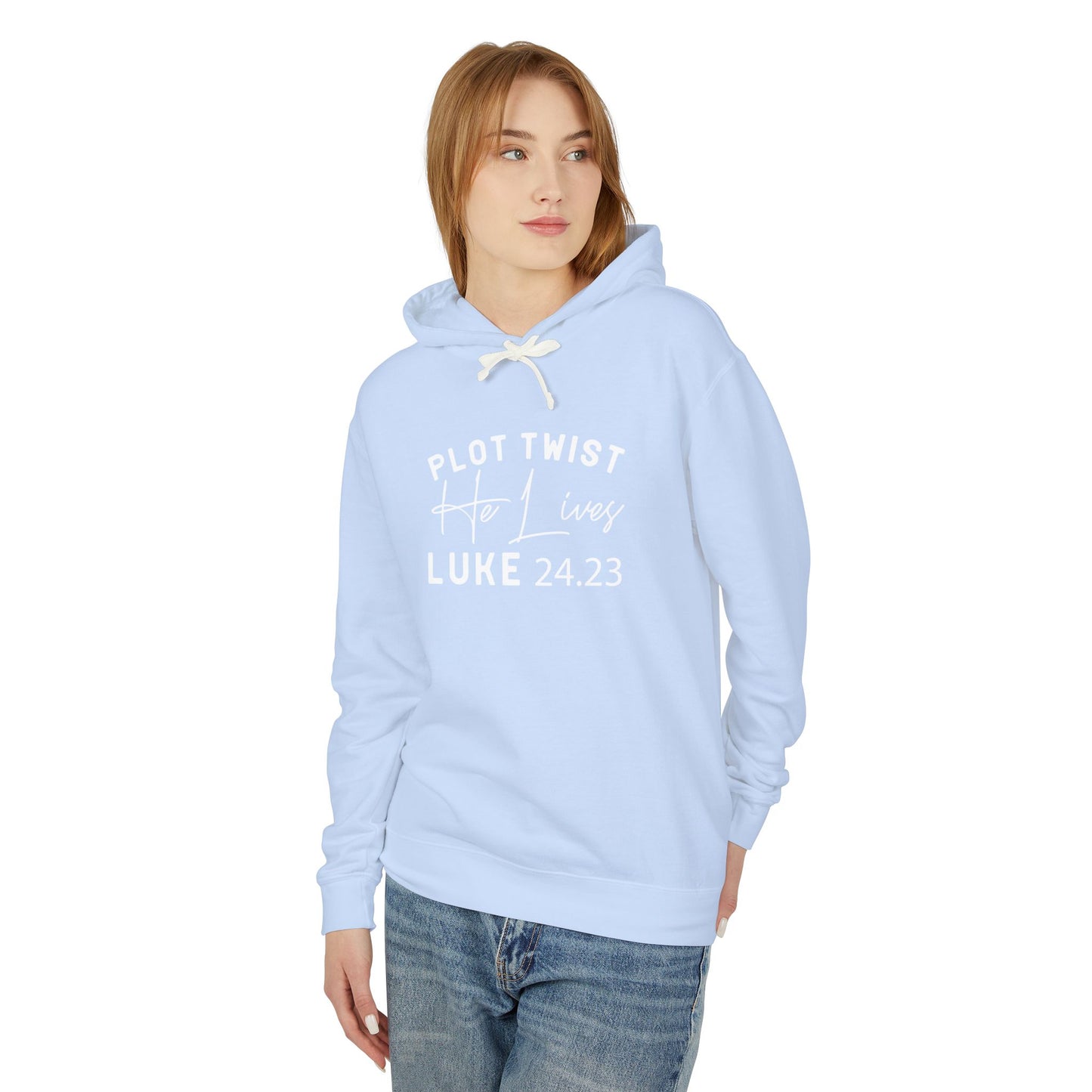 Religious Quotes Lightweight Hoodie, Plot Twist He Lives 24:13 Church Easter Sweatshirt, Unisex Hooded Sweatshirt for Christians, Religious