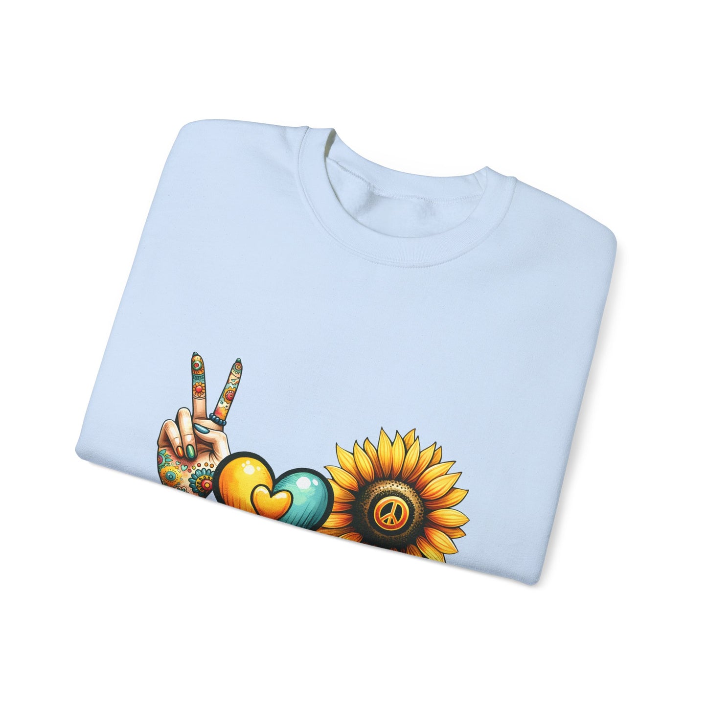 Peace Love Sunshine Sweatshirt, Unisex Crewneck, Boho Style, Gift for Her, Summer Vibes, Festival Wear, Eco-Friendly Sweatshirt