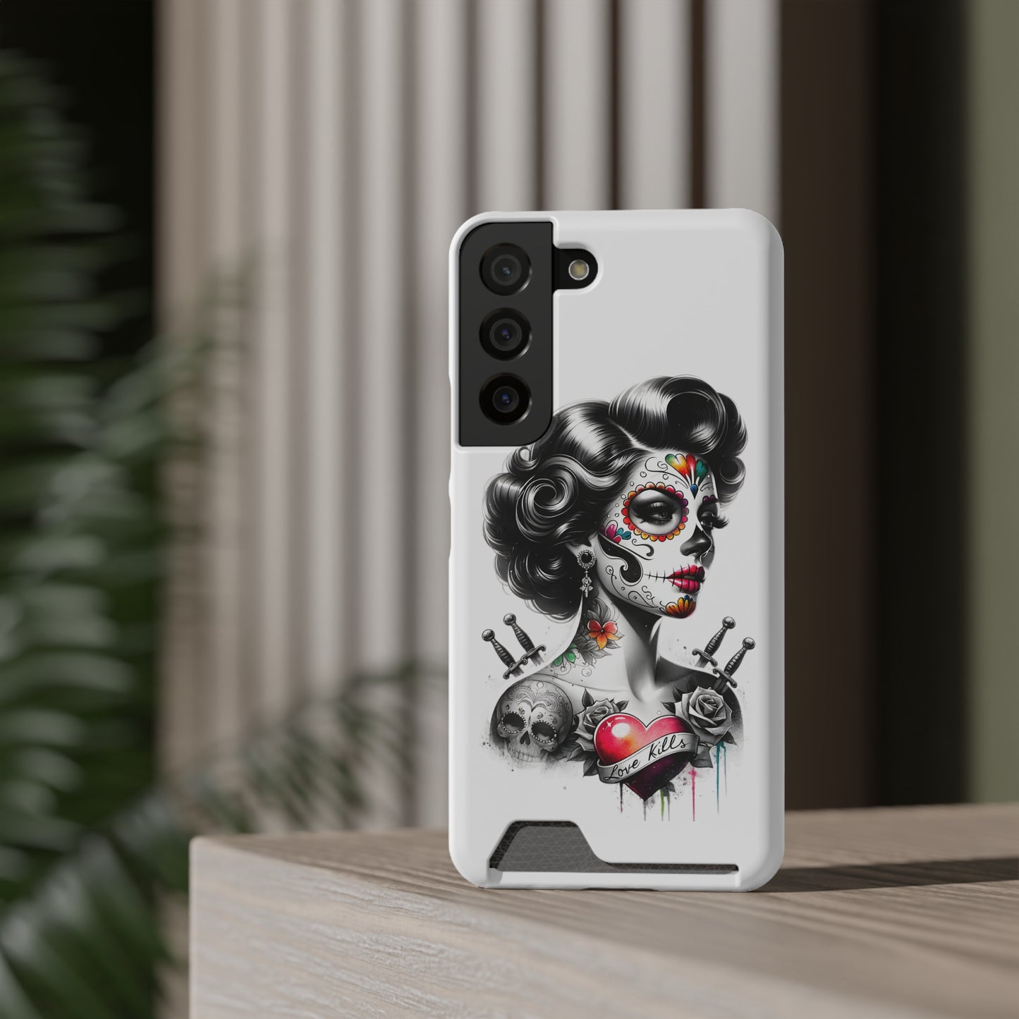 Phone Case - Love Kills Day of the Dead Face Paint Girl with Tattoos and Knives Hearts