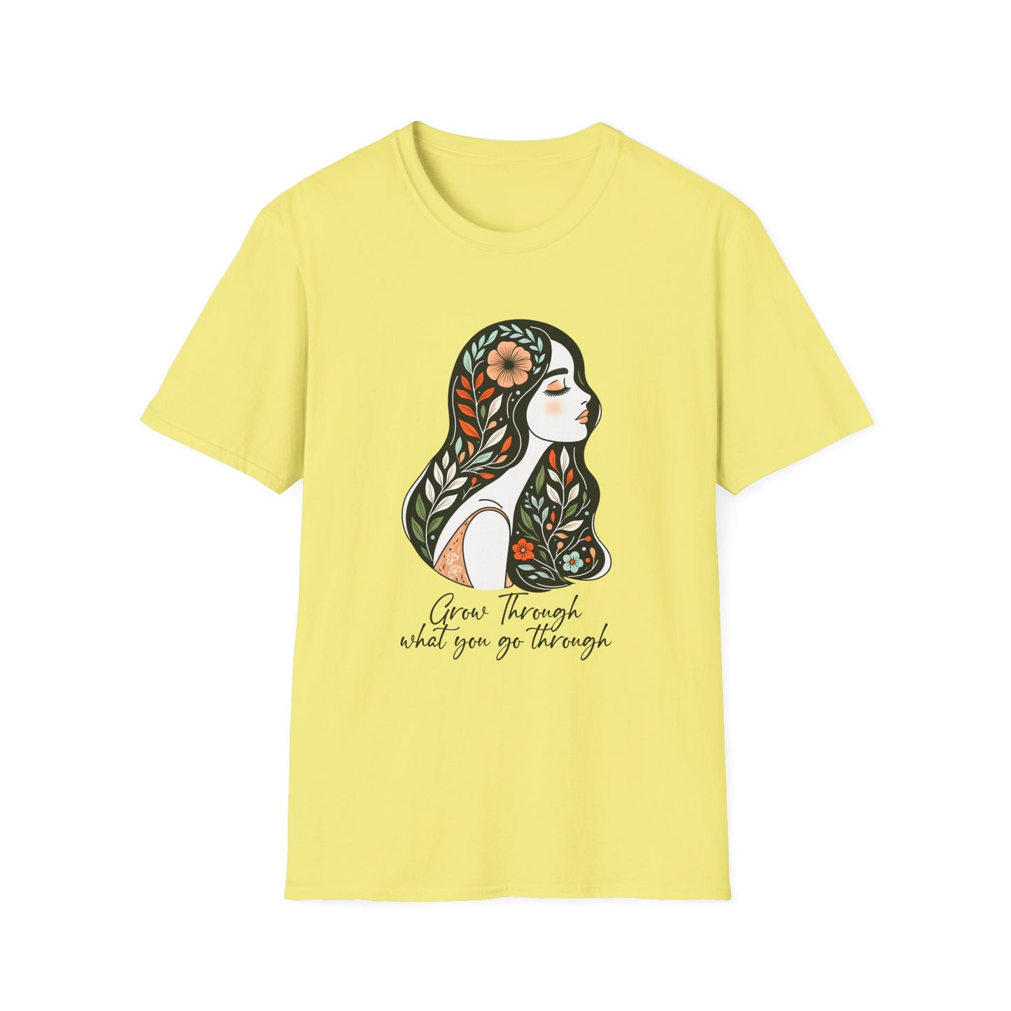 Grow Through Inspirational Unisex Softstyle T-Shirt, Motivational Tee, Self-Care Shirt, Gift for Women, Mindfulness Apparel