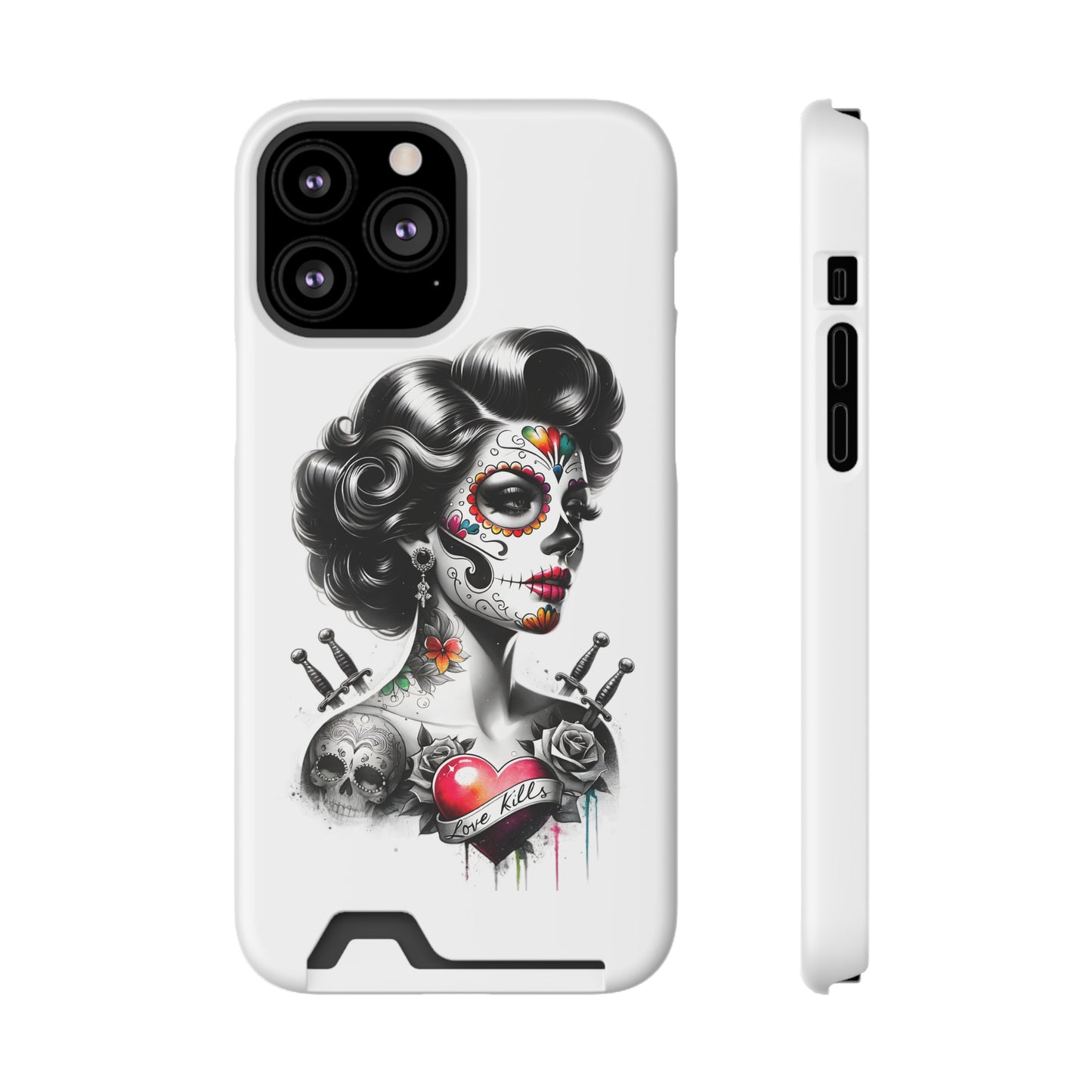 Phone Case - Love Kills Day of the Dead Face Paint Girl with Tattoos and Knives Hearts