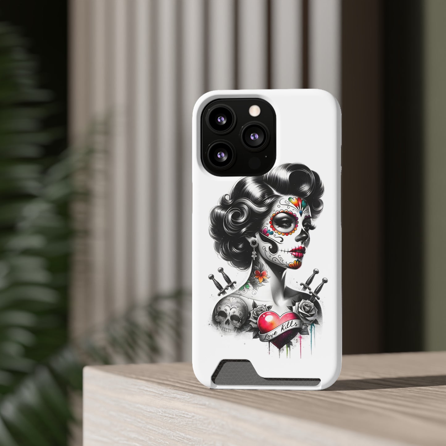 Phone Case - Love Kills Day of the Dead Face Paint Girl with Tattoos and Knives Hearts