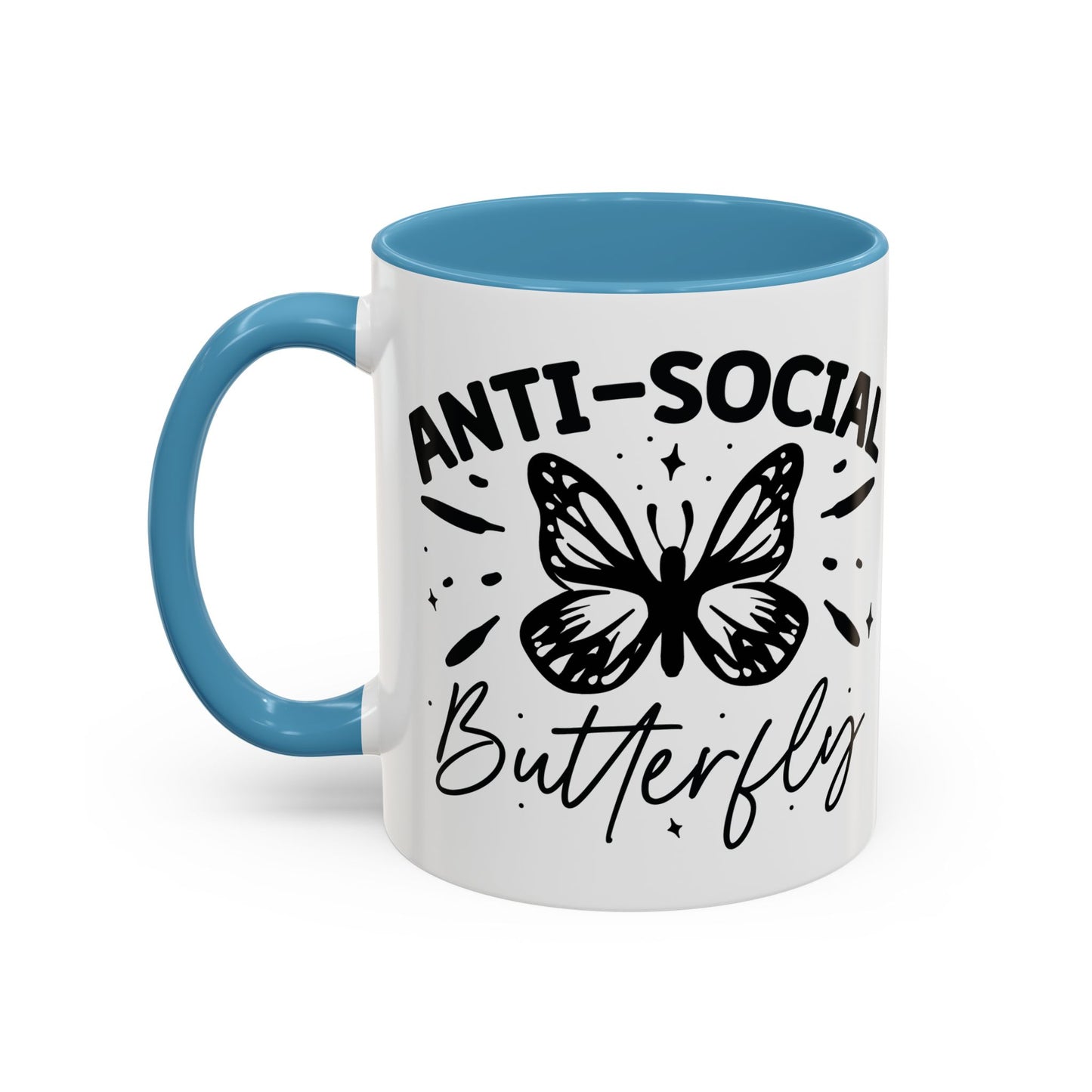 Coffee Mug, Funny Mug with Anti Social Butterfly and Don't Rush Me Designs, Office Mug, White Mug with Colorful Handle, Cute Mug, Unique