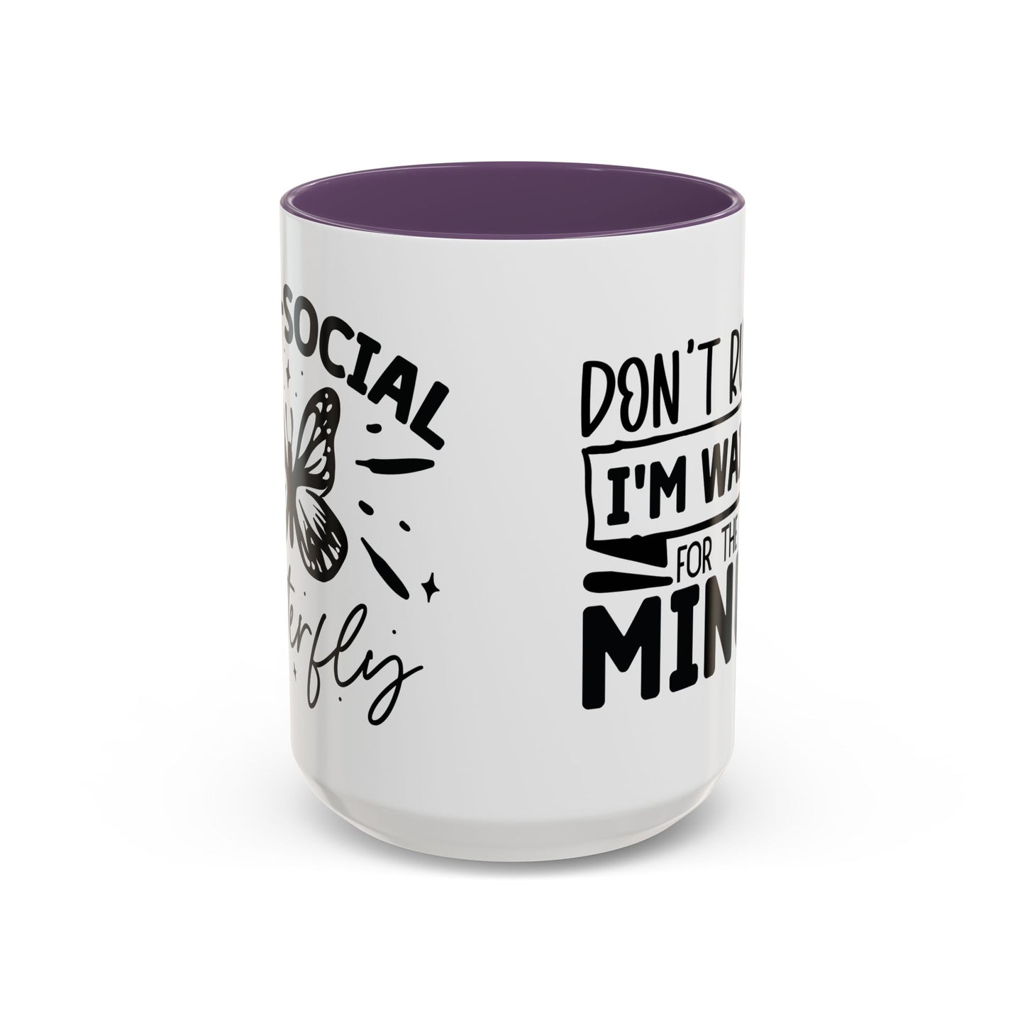 Coffee Mug, Funny Mug with Anti Social Butterfly and Don't Rush Me Designs, Office Mug, White Mug with Colorful Handle, Cute Mug, Unique