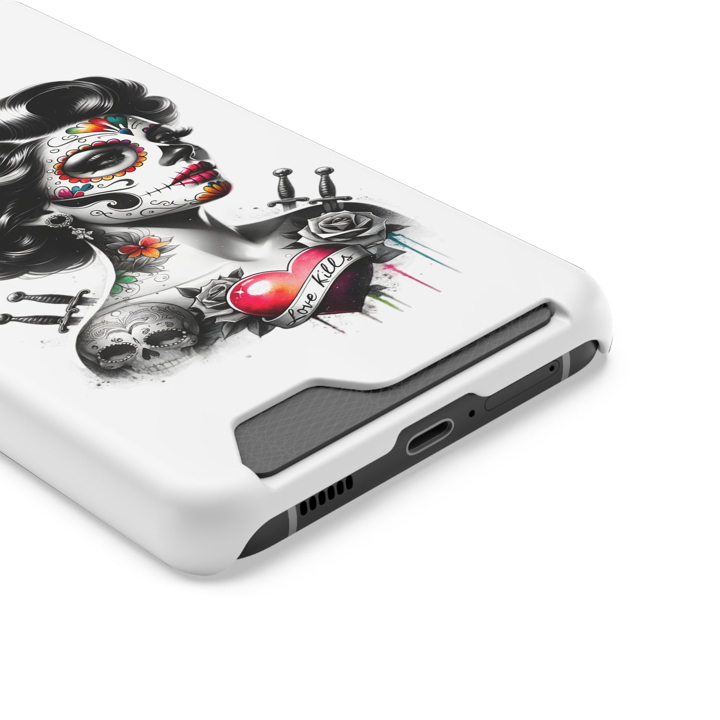 Phone Case - Love Kills Day of the Dead Face Paint Girl with Tattoos and Knives Hearts