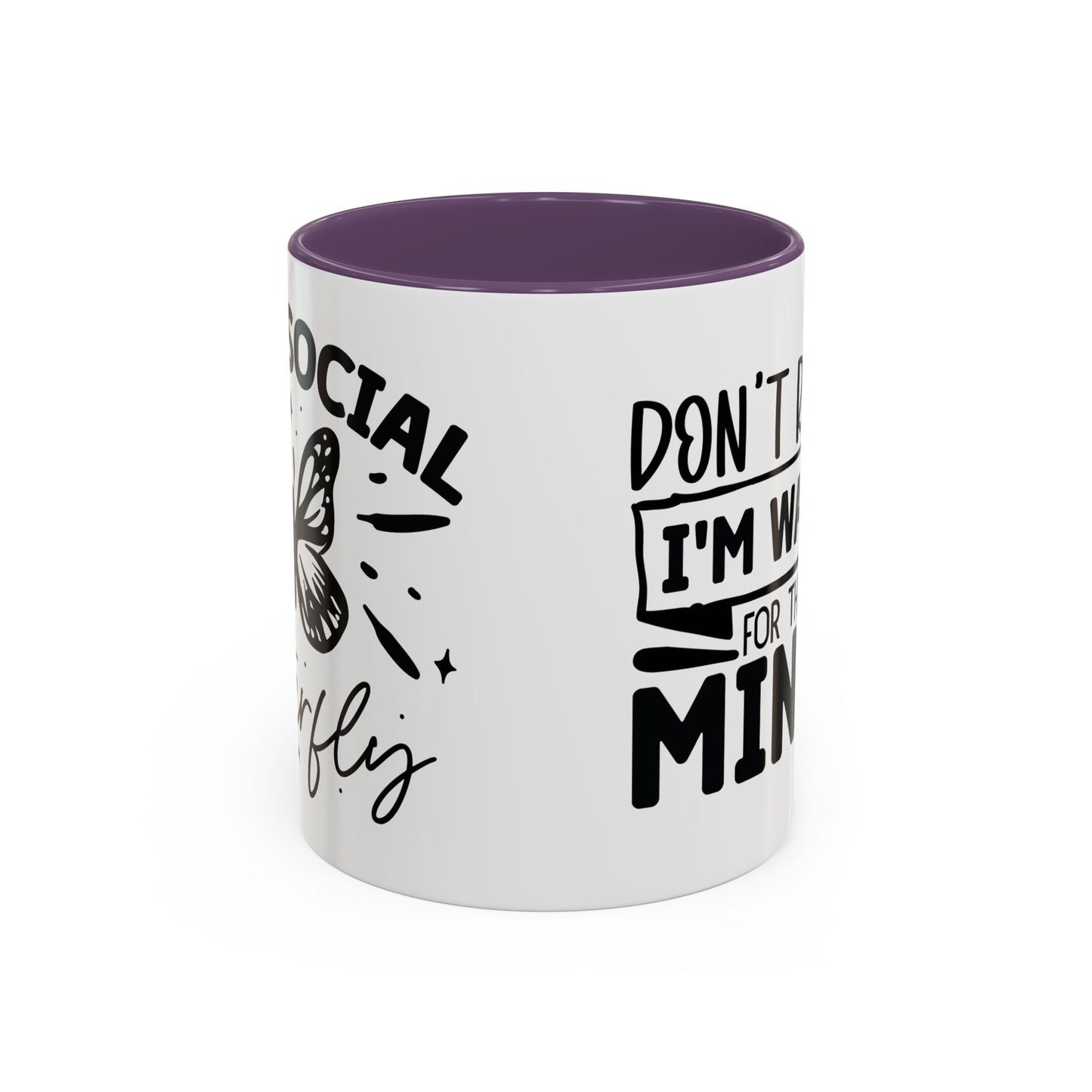 Coffee Mug, Funny Mug with Anti Social Butterfly and Don't Rush Me Designs, Office Mug, White Mug with Colorful Handle, Cute Mug, Unique