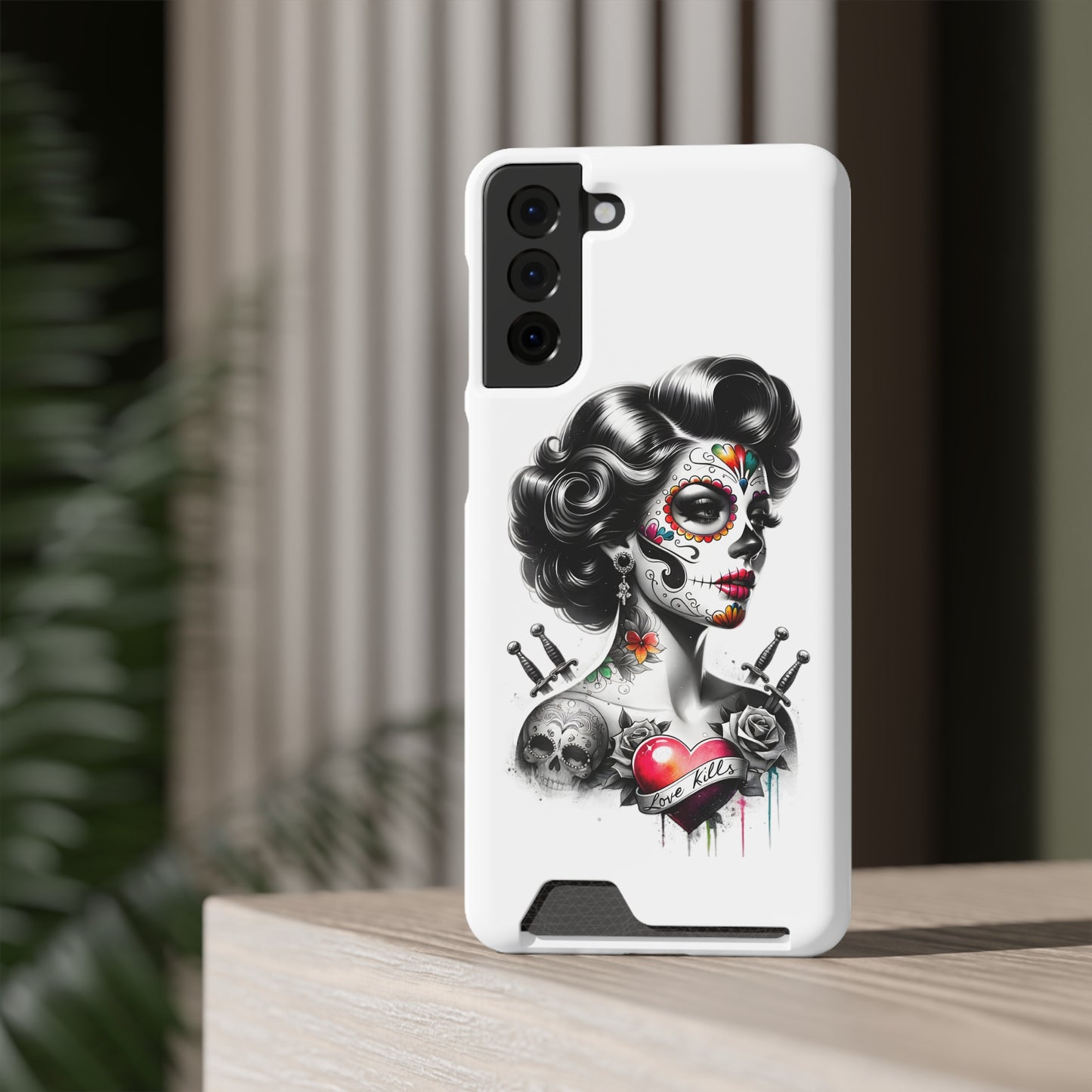 Phone Case - Love Kills Day of the Dead Face Paint Girl with Tattoos and Knives Hearts