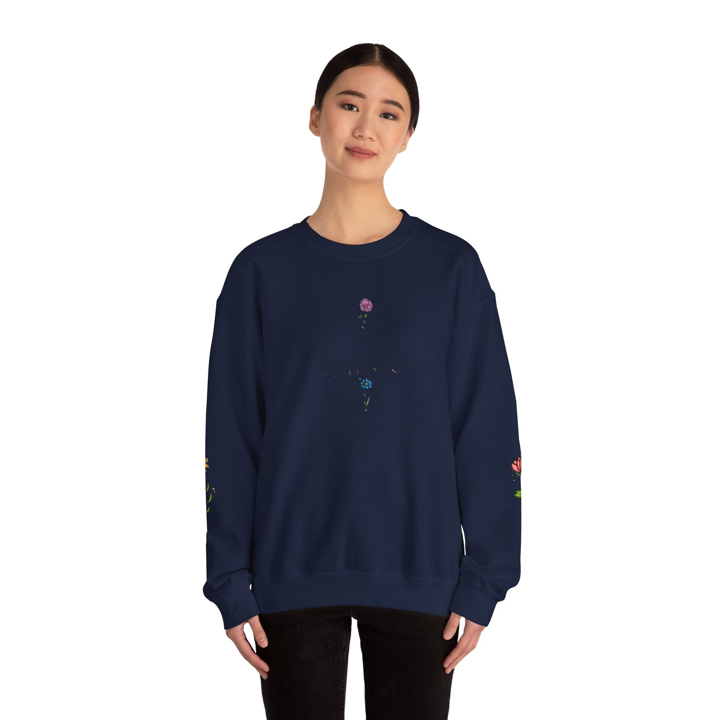 Cross Flowers Unisex Sweatshirt, Religious Lover Gift, Forgiveness Strength Shirt, Flower Buff Apparel, Unique Precious Sweater