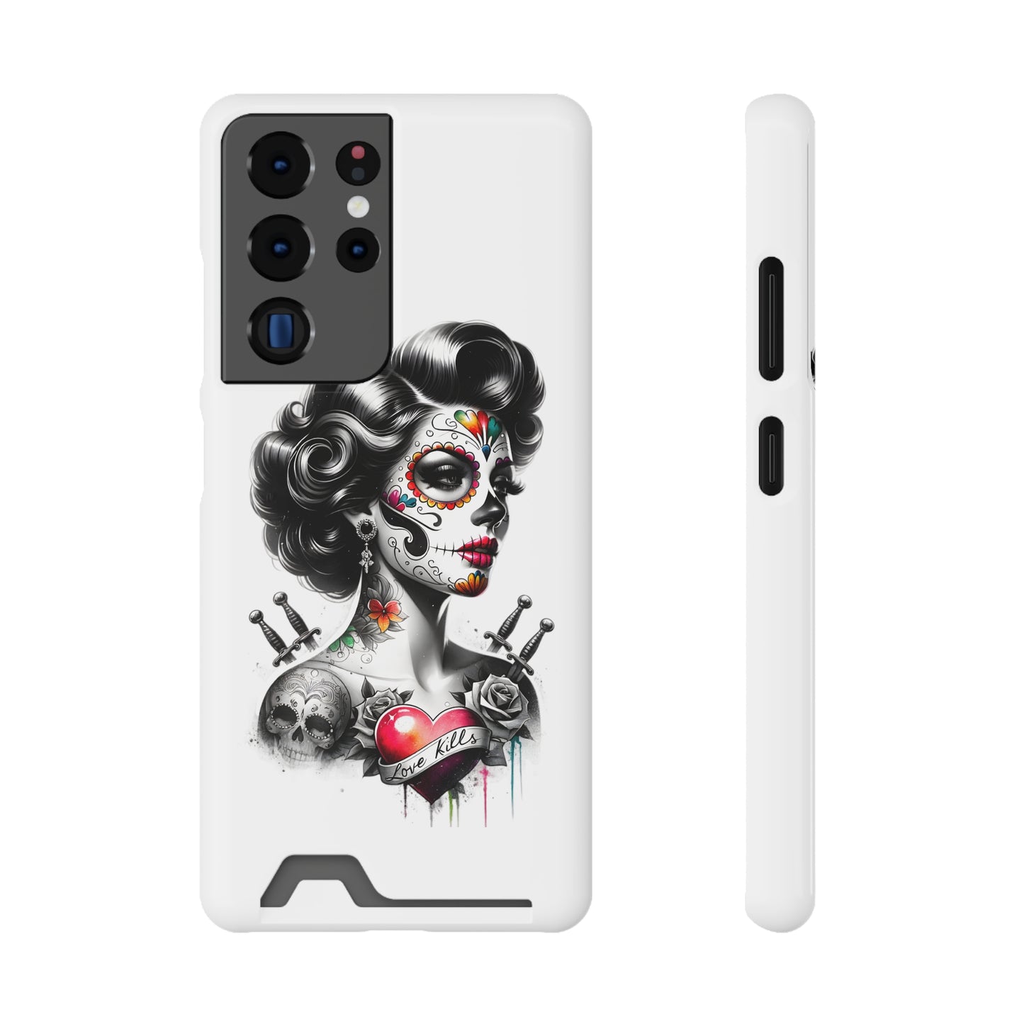 Phone Case - Love Kills Day of the Dead Face Paint Girl with Tattoos and Knives Hearts