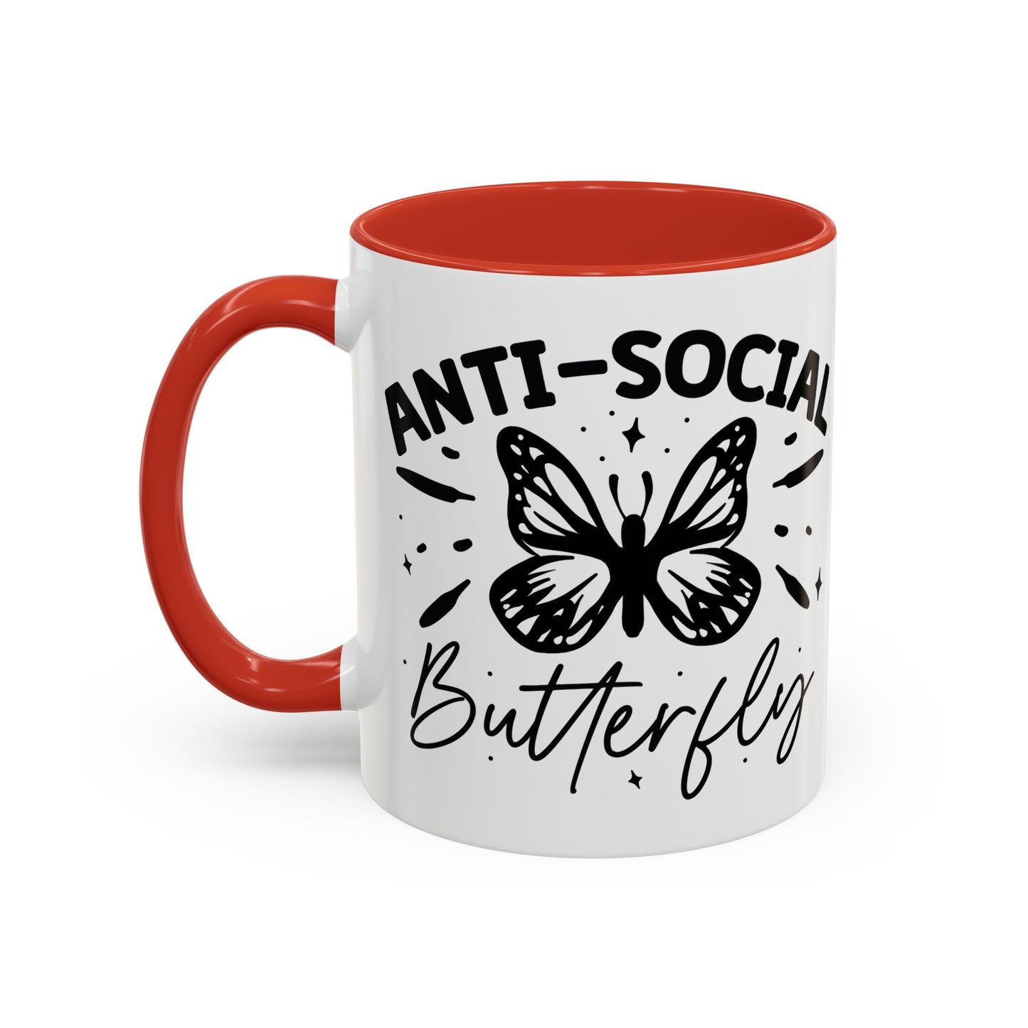 Coffee Mug, Funny Mug with Anti Social Butterfly and Don't Rush Me Designs, Office Mug, White Mug with Colorful Handle, Cute Mug, Unique