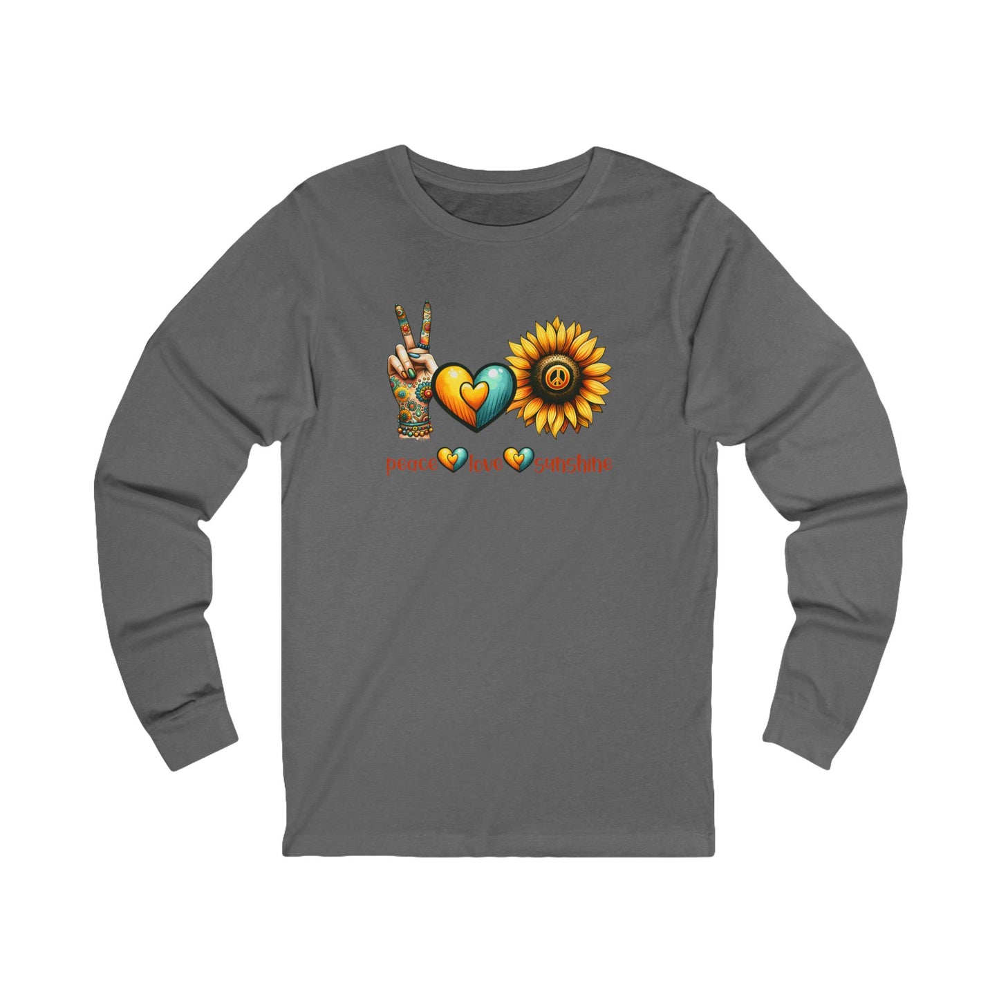 Peace Love Sunshine Long Sleeve Tee, Vibrant Graphic Shirt, Boho Style, Unisex Apparel, Perfect for Festivals, Gift for Nature Lovers