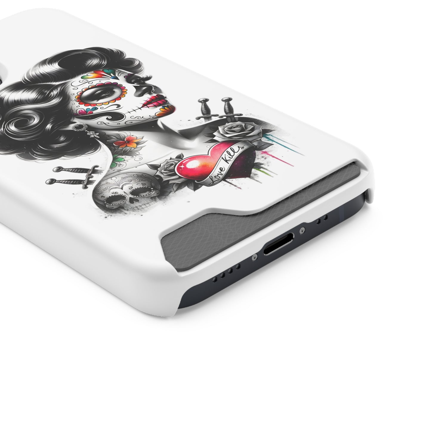 Phone Case - Love Kills Day of the Dead Face Paint Girl with Tattoos and Knives Hearts