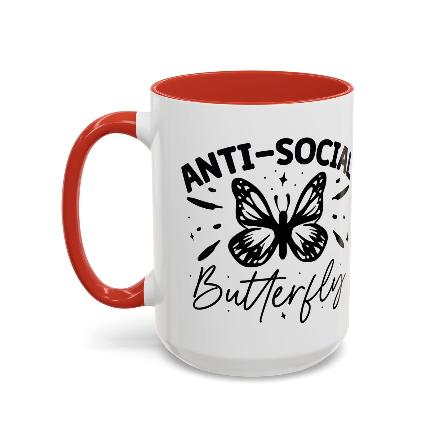 Coffee Mug, Funny Mug with Anti Social Butterfly and Don't Rush Me Designs, Office Mug, White Mug with Colorful Handle, Cute Mug, Unique