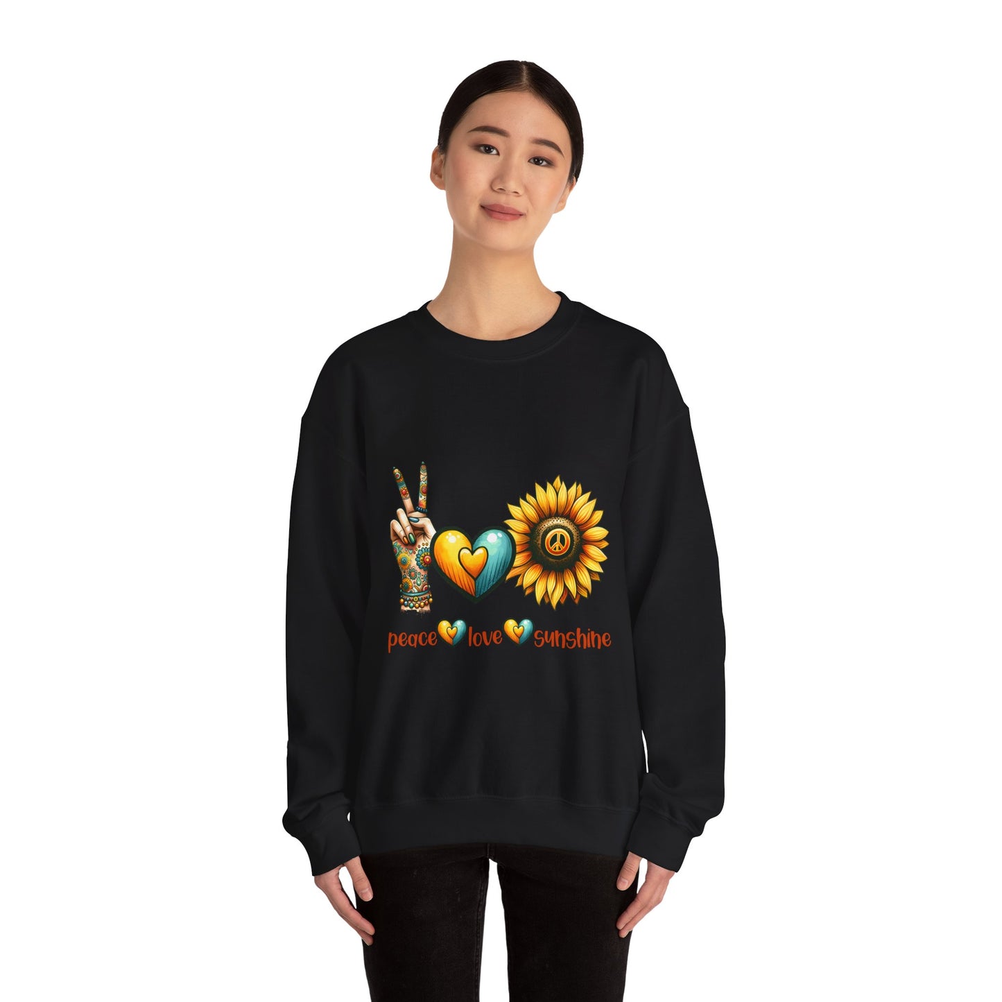Peace Love Sunshine Sweatshirt, Unisex Crewneck, Boho Style, Gift for Her, Summer Vibes, Festival Wear, Eco-Friendly Sweatshirt
