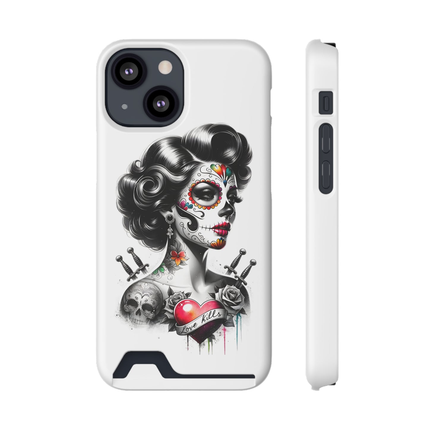 Phone Case - Love Kills Day of the Dead Face Paint Girl with Tattoos and Knives Hearts