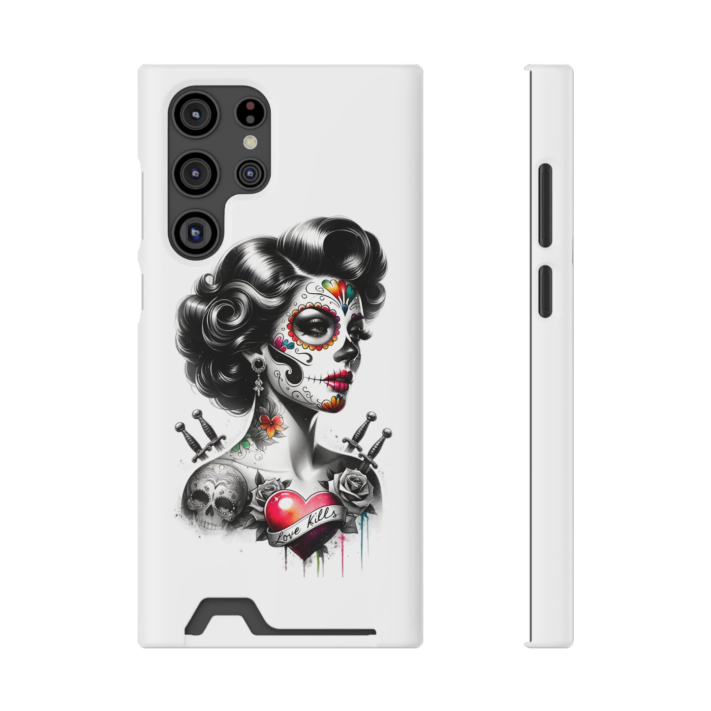 Phone Case - Love Kills Day of the Dead Face Paint Girl with Tattoos and Knives Hearts