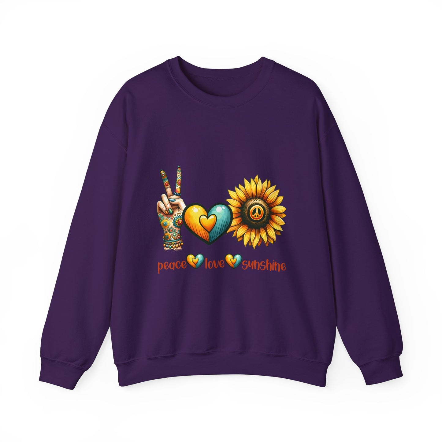 Peace Love Sunshine Sweatshirt, Unisex Crewneck, Boho Style, Gift for Her, Summer Vibes, Festival Wear, Eco-Friendly Sweatshirt