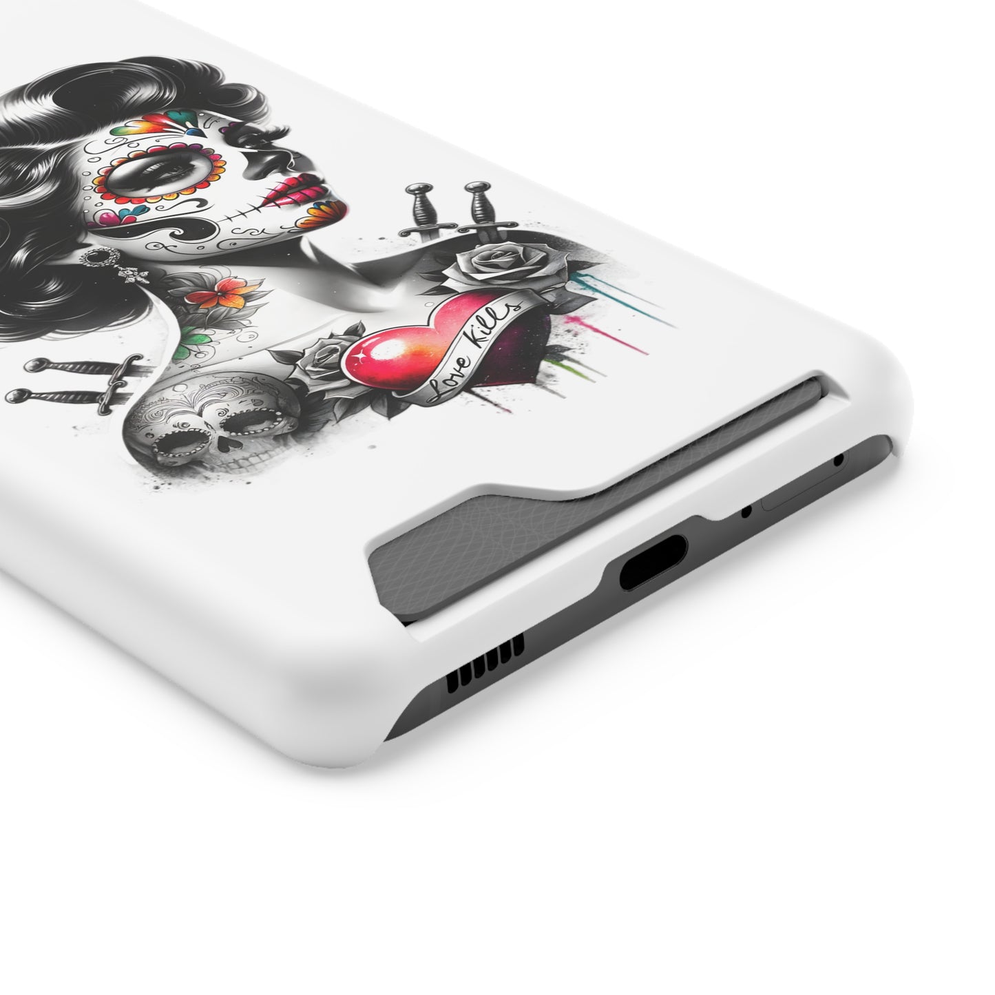 Phone Case - Love Kills Day of the Dead Face Paint Girl with Tattoos and Knives Hearts
