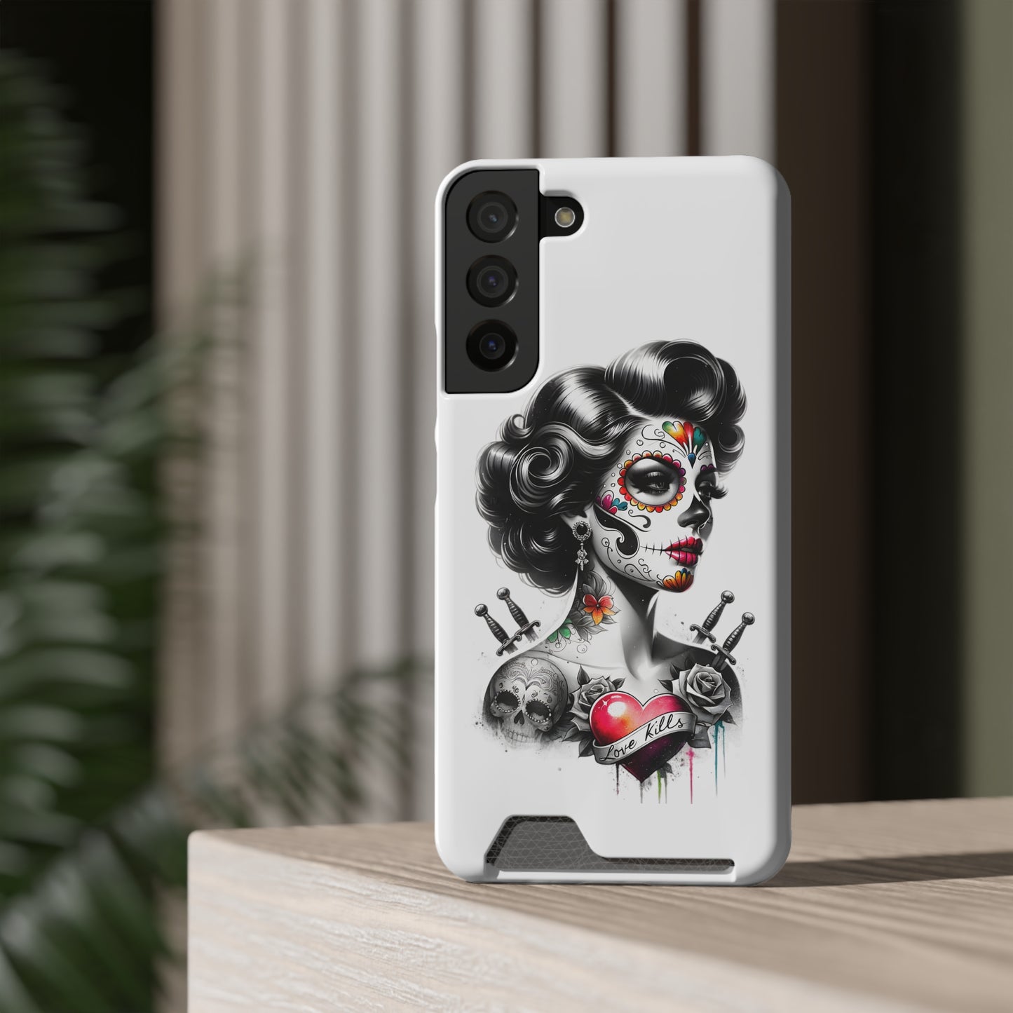 Phone Case - Love Kills Day of the Dead Face Paint Girl with Tattoos and Knives Hearts
