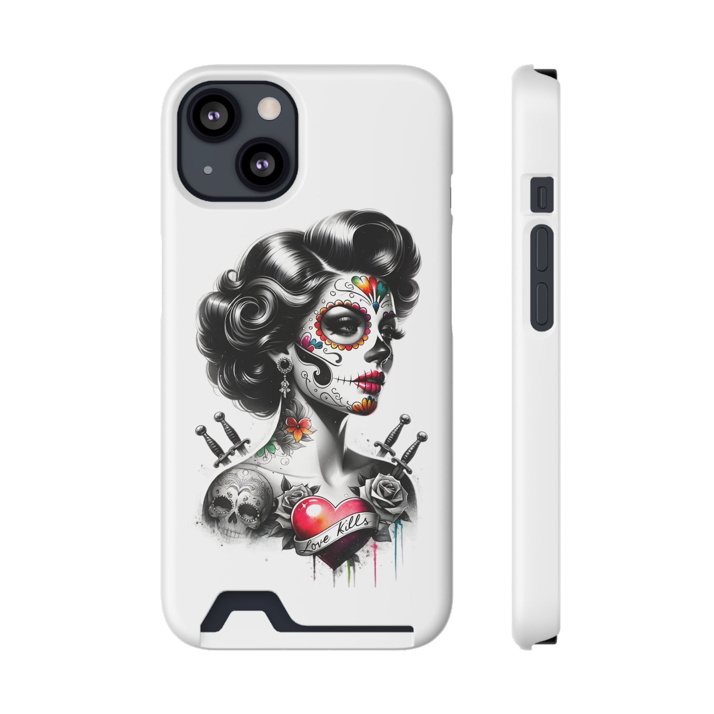 Phone Case - Love Kills Day of the Dead Face Paint Girl with Tattoos and Knives Hearts