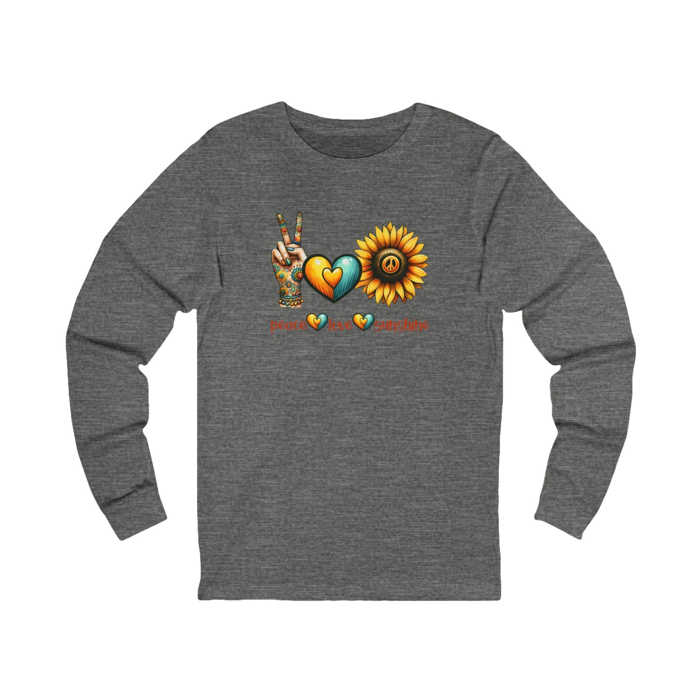 Peace Love Sunshine Long Sleeve Tee, Vibrant Graphic Shirt, Boho Style, Unisex Apparel, Perfect for Festivals, Gift for Nature Lovers