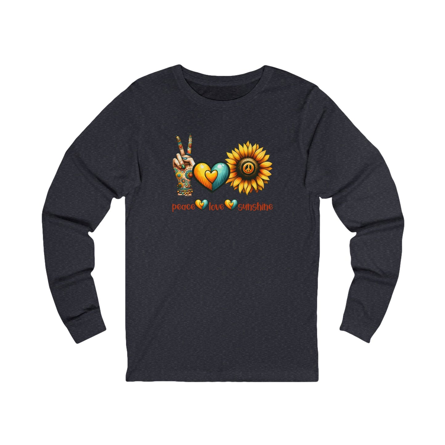 Peace Love Sunshine Long Sleeve Tee, Vibrant Graphic Shirt, Boho Style, Unisex Apparel, Perfect for Festivals, Gift for Nature Lovers