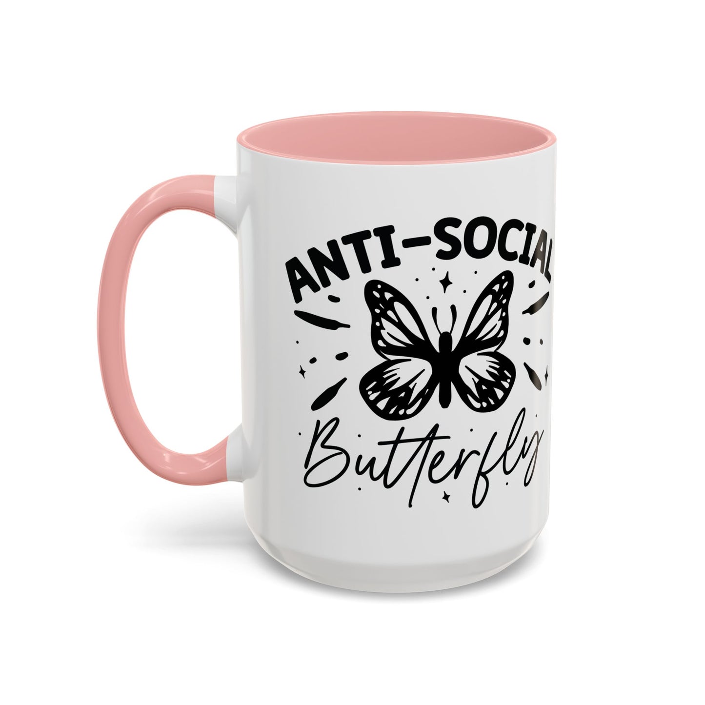 Coffee Mug, Funny Mug with Anti Social Butterfly and Don't Rush Me Designs, Office Mug, White Mug with Colorful Handle, Cute Mug, Unique