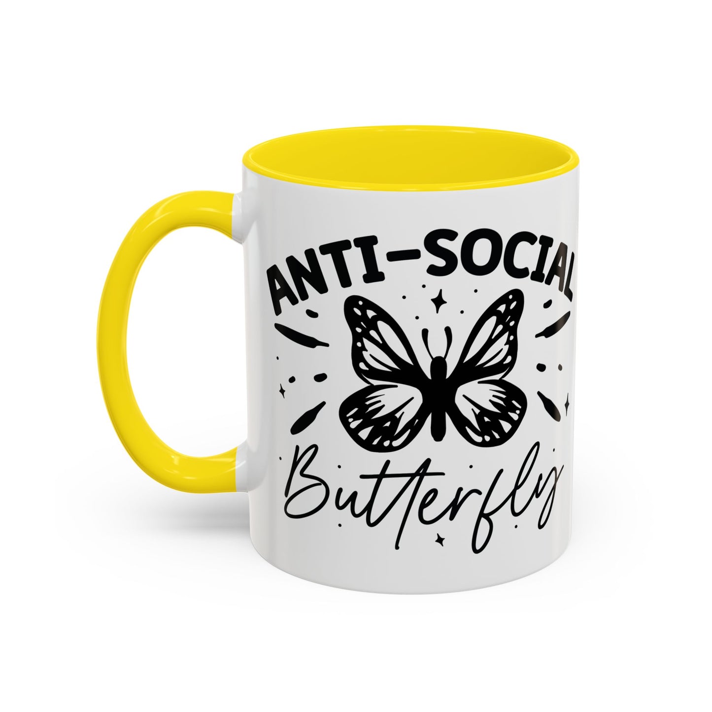 Coffee Mug, Funny Mug with Anti Social Butterfly and Don't Rush Me Designs, Office Mug, White Mug with Colorful Handle, Cute Mug, Unique