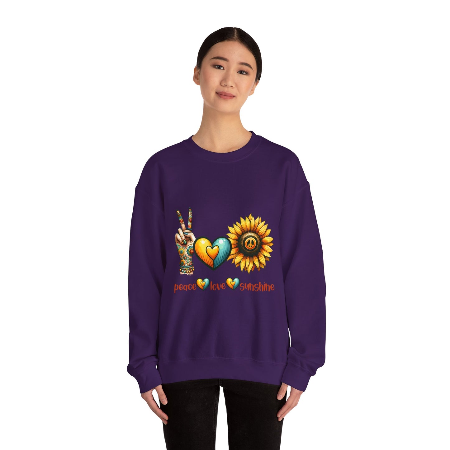 Peace Love Sunshine Sweatshirt, Unisex Crewneck, Boho Style, Gift for Her, Summer Vibes, Festival Wear, Eco-Friendly Sweatshirt