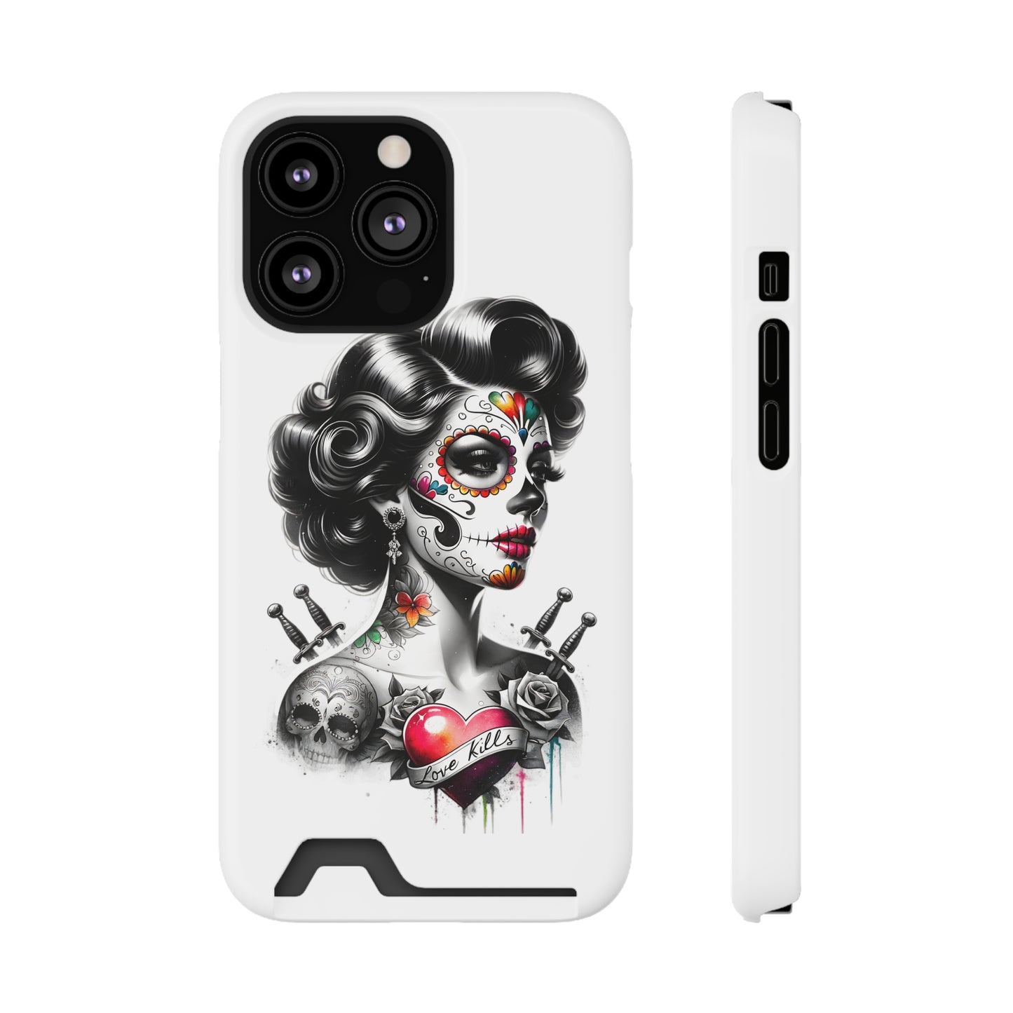 Phone Case - Love Kills Day of the Dead Face Paint Girl with Tattoos and Knives Hearts