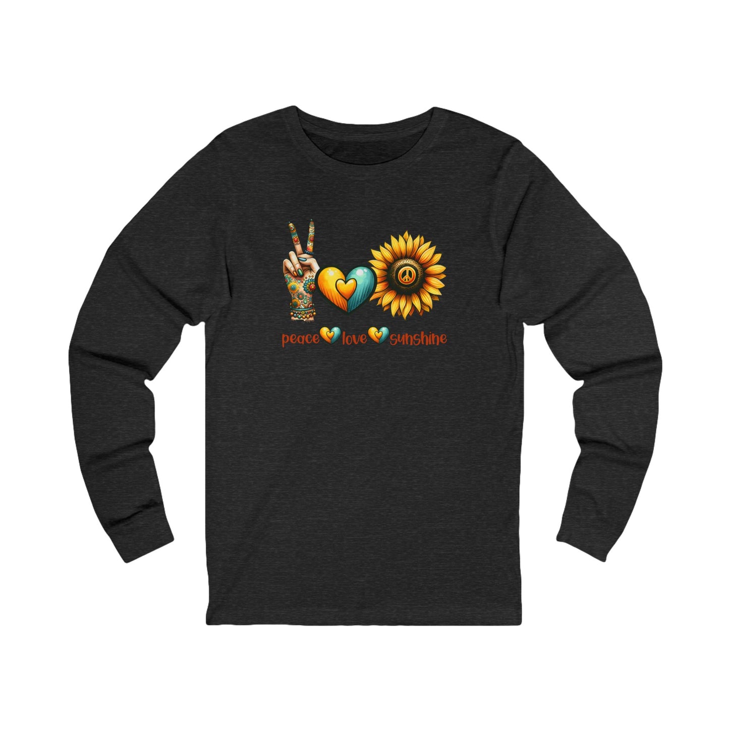 Peace Love Sunshine Long Sleeve Tee, Vibrant Graphic Shirt, Boho Style, Unisex Apparel, Perfect for Festivals, Gift for Nature Lovers