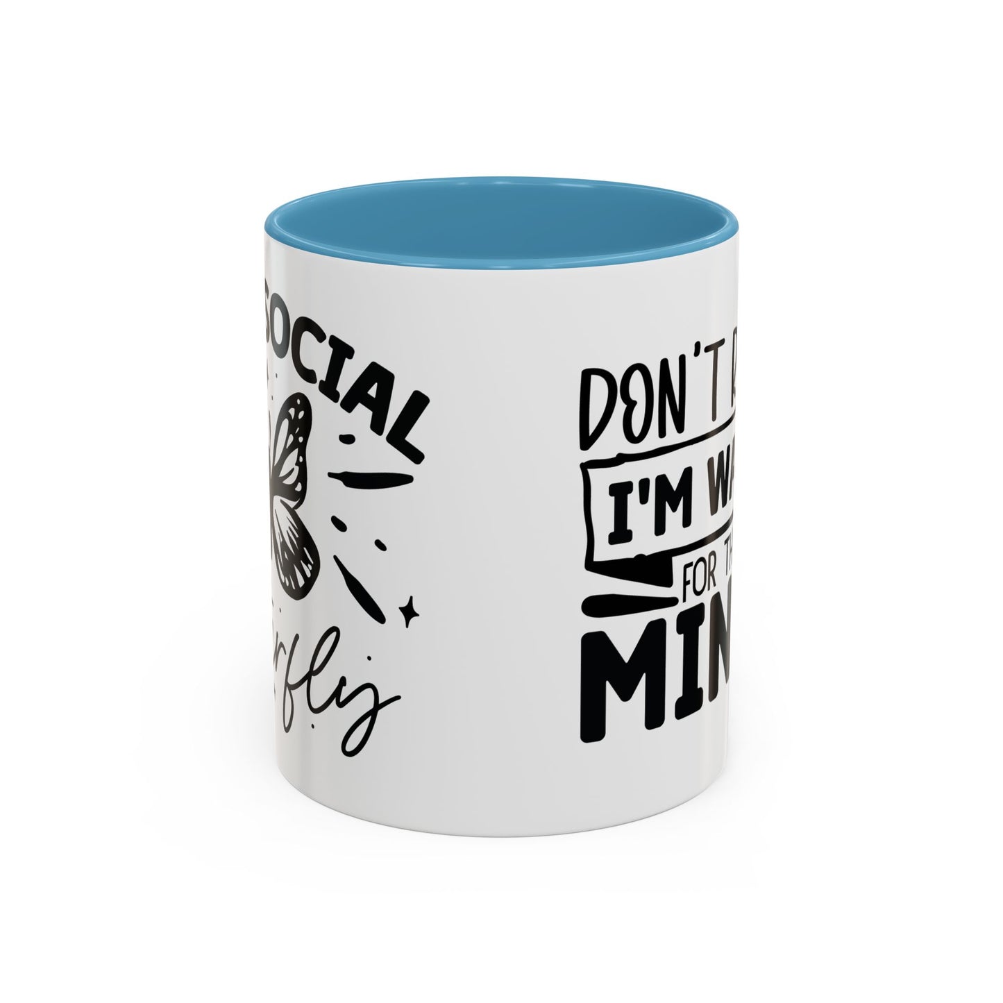 Coffee Mug, Funny Mug with Anti Social Butterfly and Don't Rush Me Designs, Office Mug, White Mug with Colorful Handle, Cute Mug, Unique