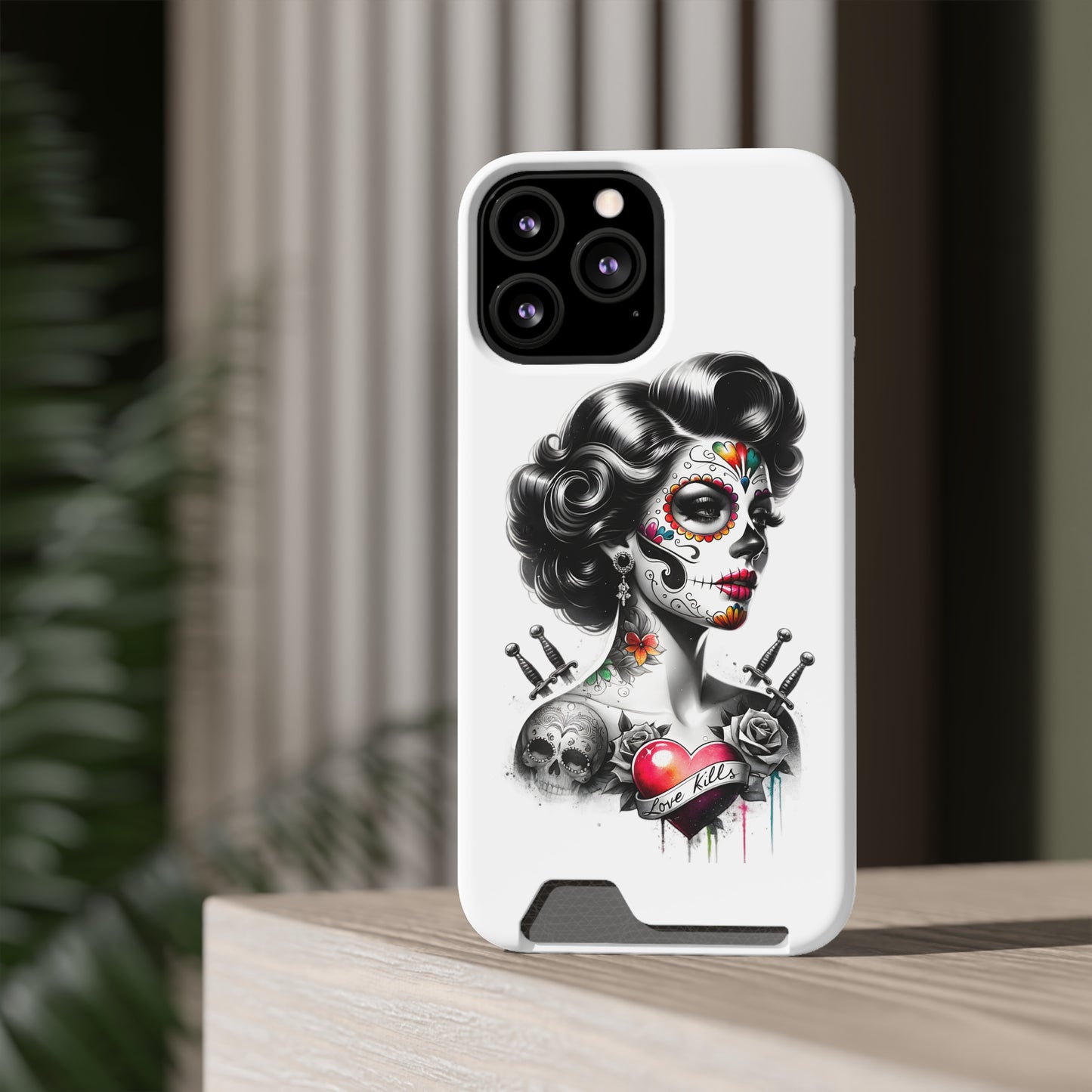 Phone Case - Love Kills Day of the Dead Face Paint Girl with Tattoos and Knives Hearts