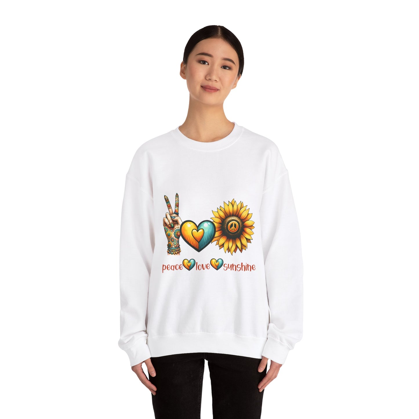 Peace Love Sunshine Sweatshirt, Unisex Crewneck, Boho Style, Gift for Her, Summer Vibes, Festival Wear, Eco-Friendly Sweatshirt