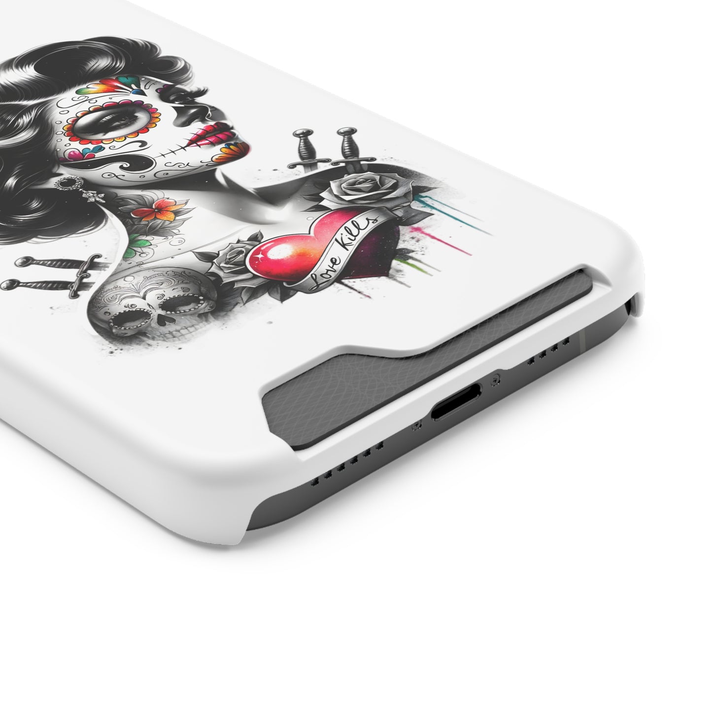 Phone Case - Love Kills Day of the Dead Face Paint Girl with Tattoos and Knives Hearts