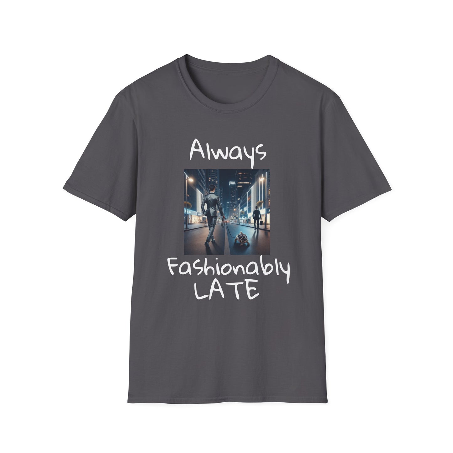 Fashionably Late Tortoise Unisex T-Shirt, Funny Mens Graphic Tee, Nightlife City Street Fashion Shirt, Men's Urban Style Top, Unique Gift