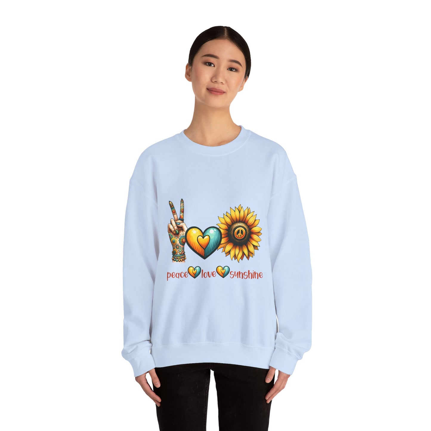 Peace Love Sunshine Sweatshirt, Unisex Crewneck, Boho Style, Gift for Her, Summer Vibes, Festival Wear, Eco-Friendly Sweatshirt