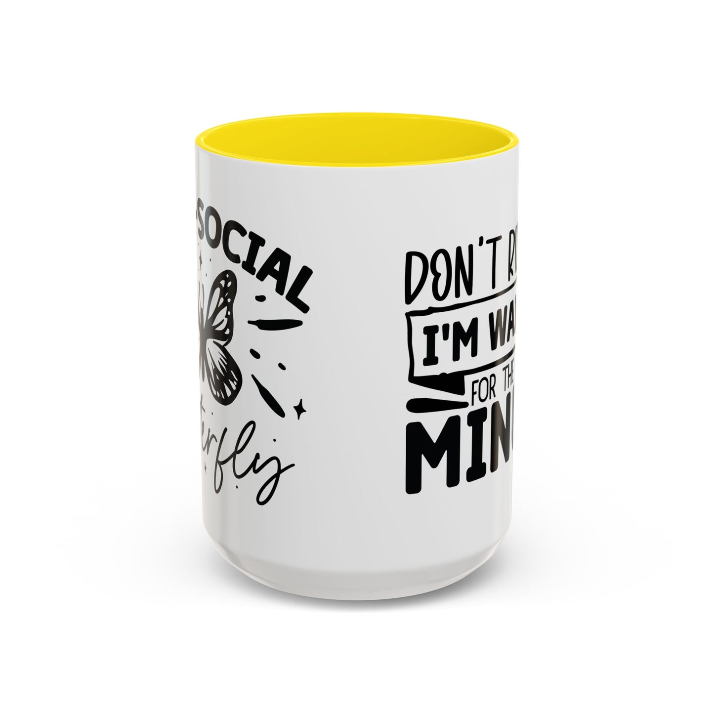 Coffee Mug, Funny Mug with Anti Social Butterfly and Don't Rush Me Designs, Office Mug, White Mug with Colorful Handle, Cute Mug, Unique