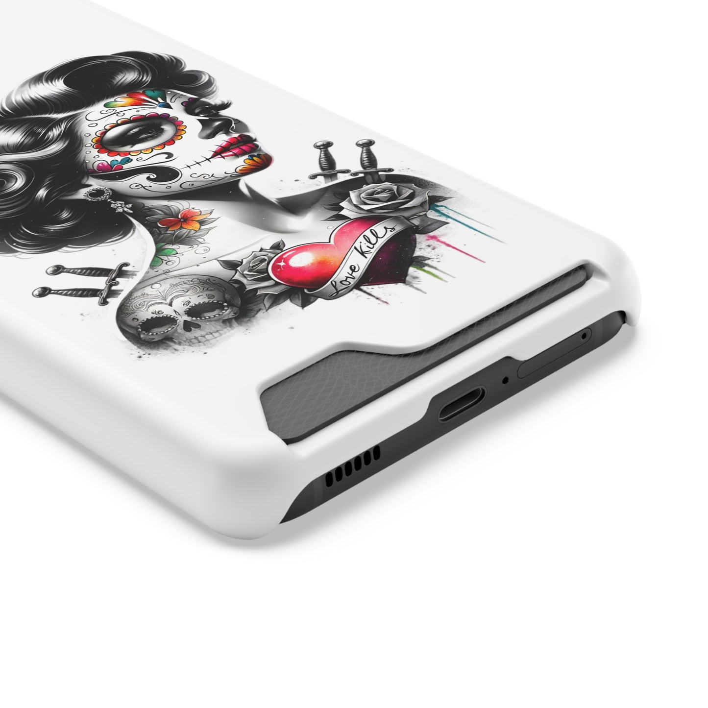 Phone Case - Love Kills Day of the Dead Face Paint Girl with Tattoos and Knives Hearts
